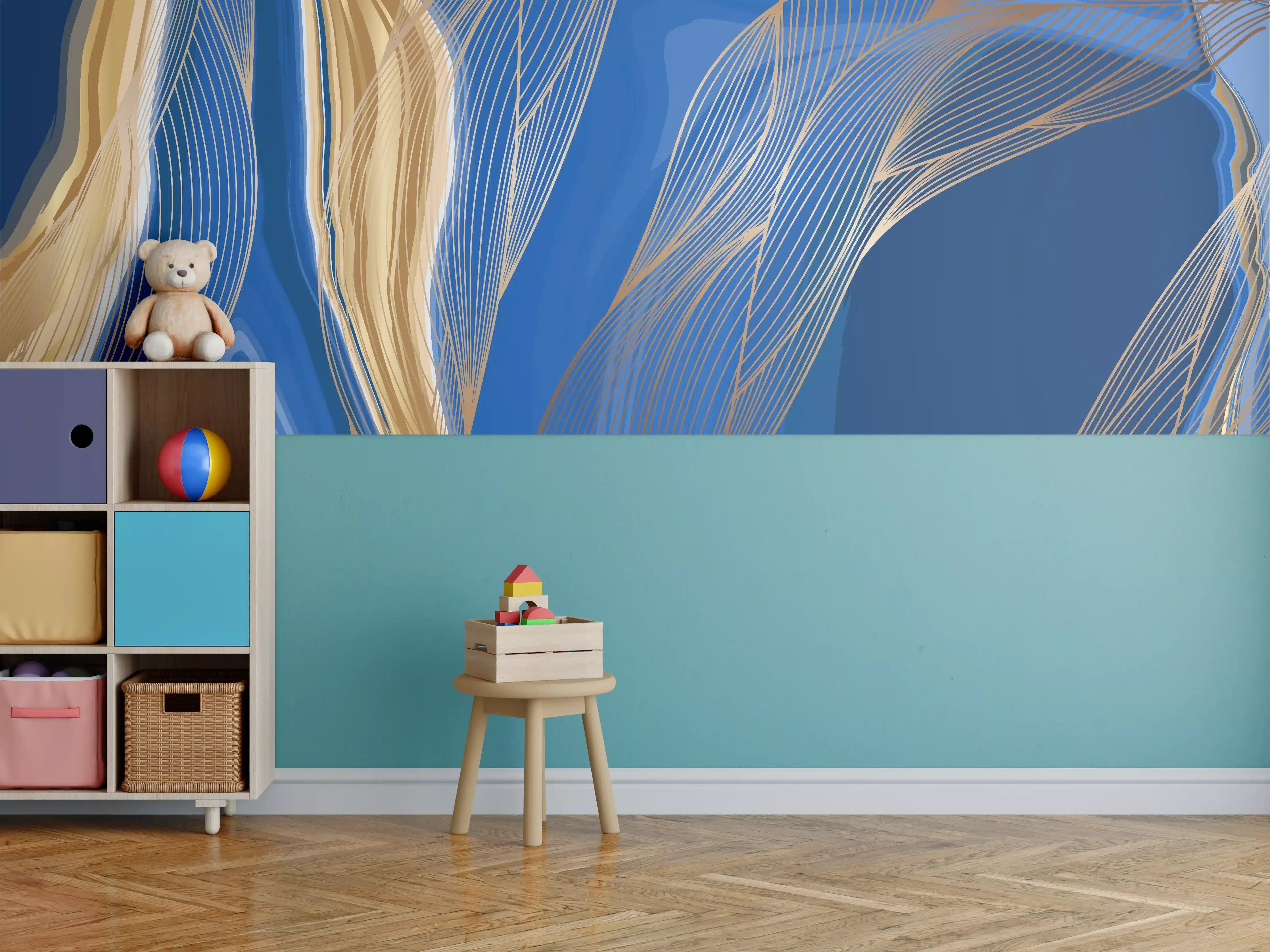Kinderzimmer Wandgestaltung - Blaue abstrakte Linien und Farbverläufe
