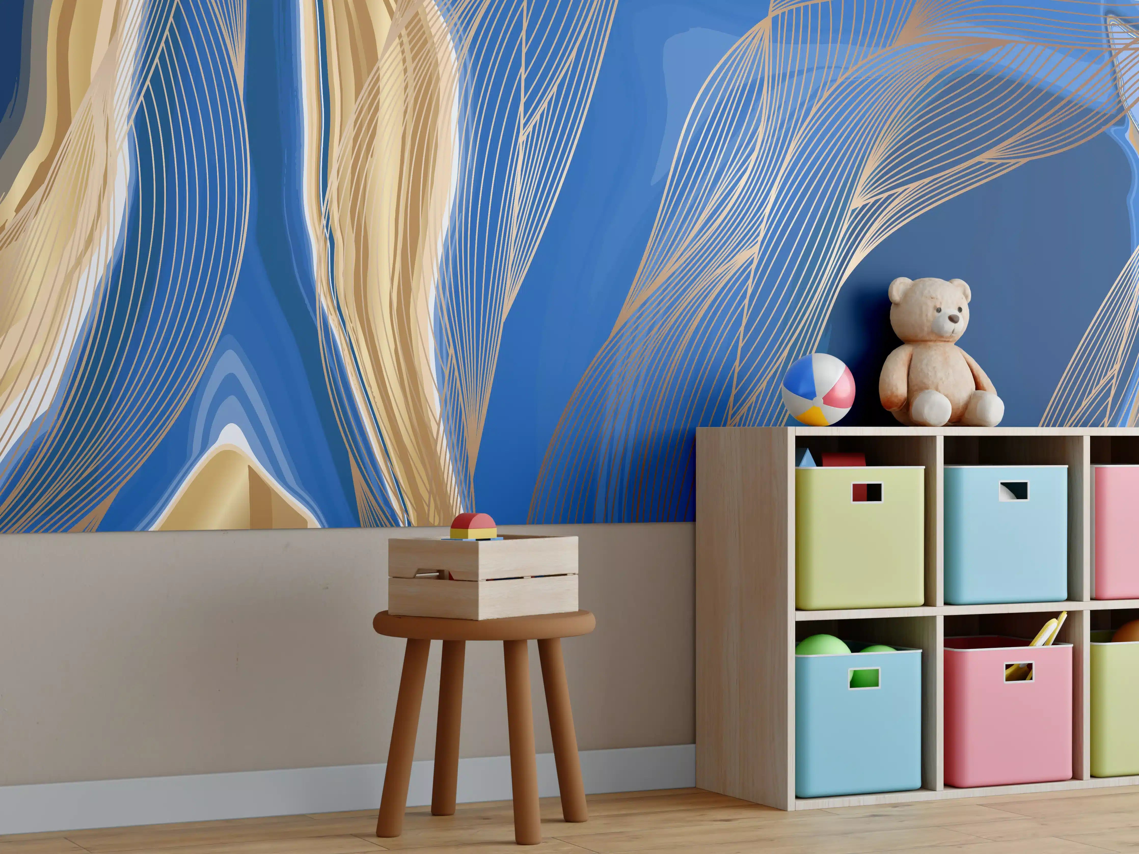 Kinderzimmer Wandgestaltung - Blaue abstrakte Linien und Farbverläufe