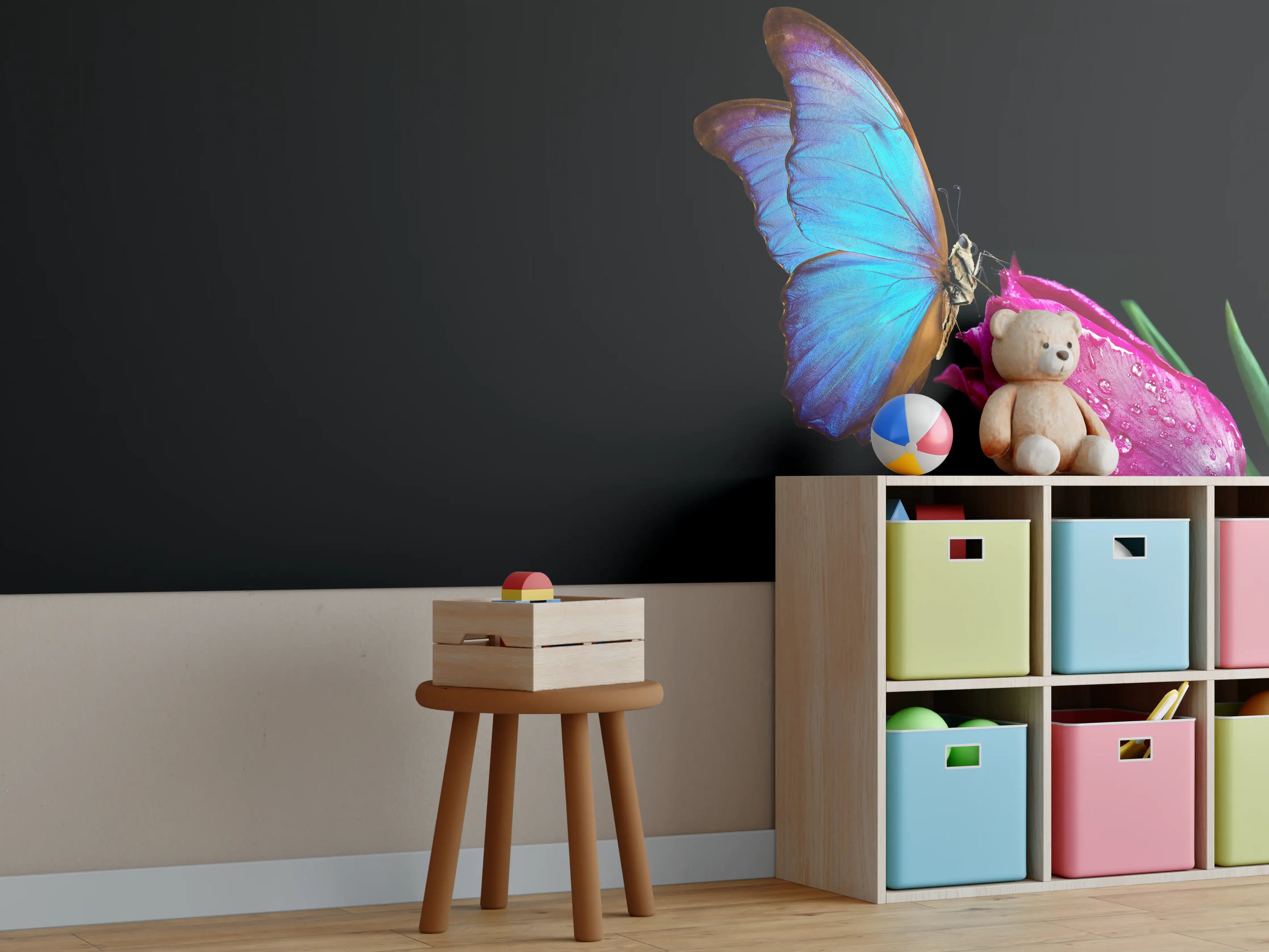 Kinderzimmer Wandgestaltung - Blauer Morphofalter - schwarzer Hintergrund