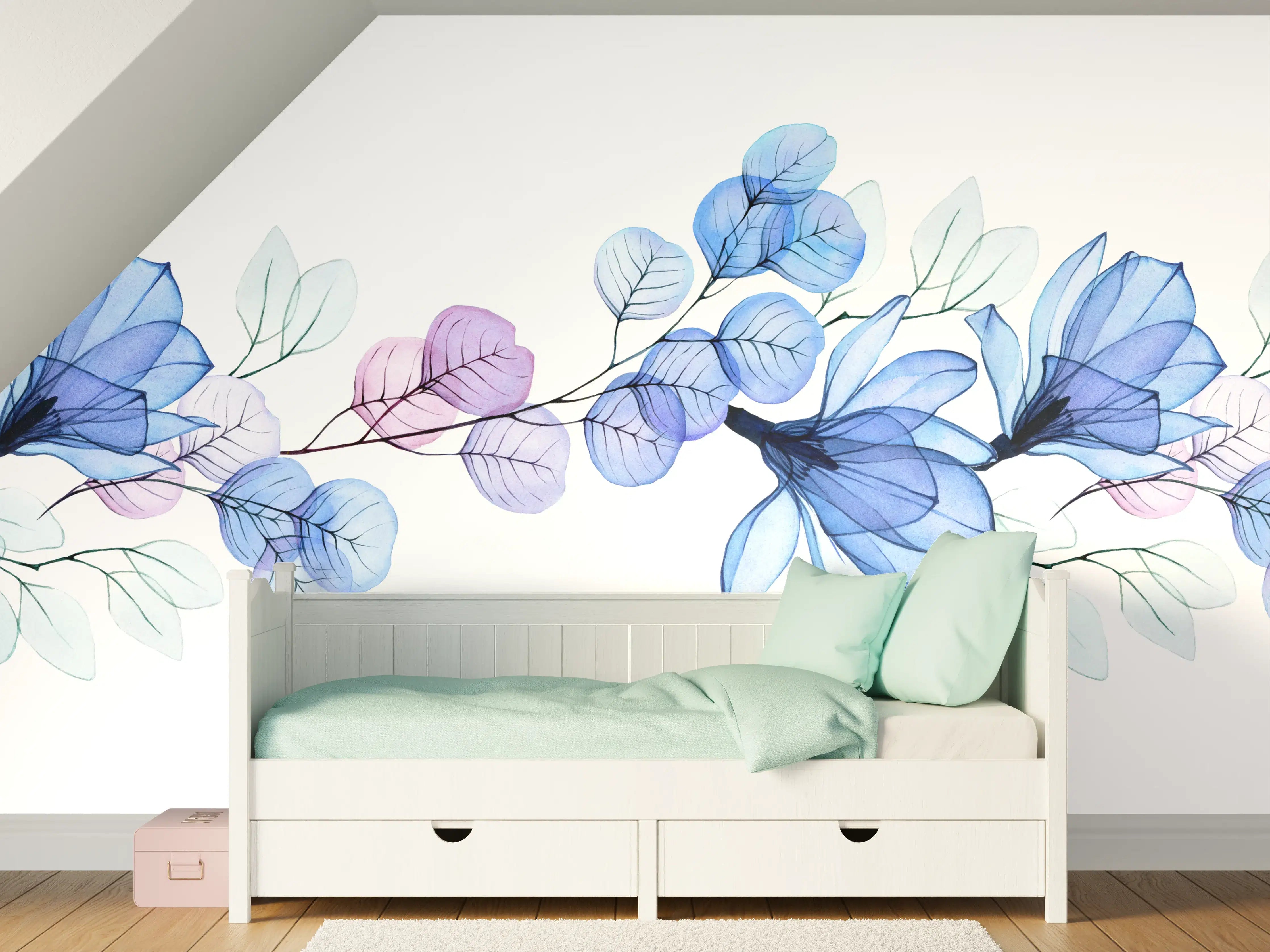 Kinderzimmer Wandgestaltung - Blauer und Lilafarbenener Blumenrand