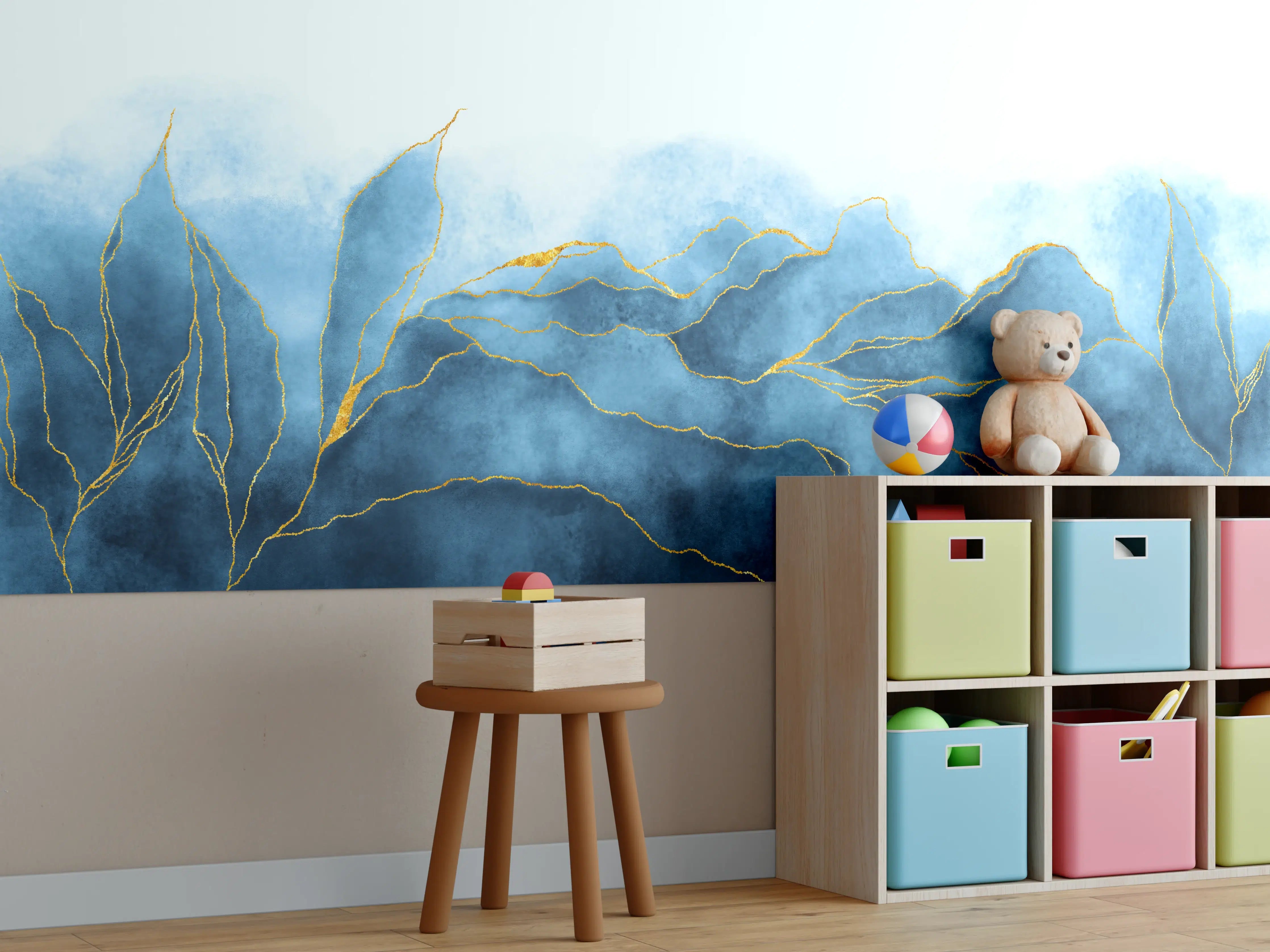 Kinderzimmer Wandgestaltung - Blaues Aquarell mit Goldelementen