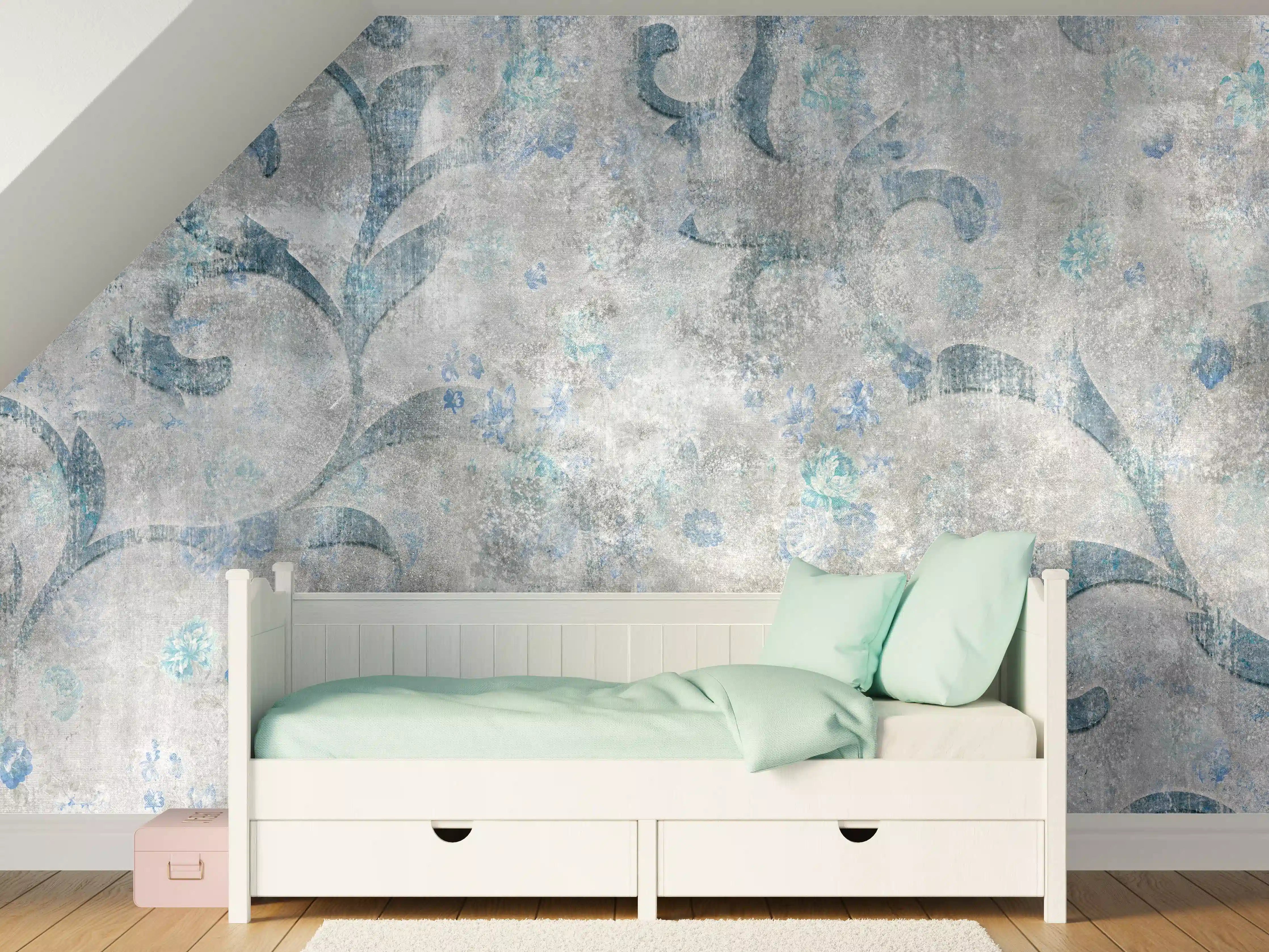 Kinderzimmer Wandgestaltung - Blaues Blätter Muster - Zement