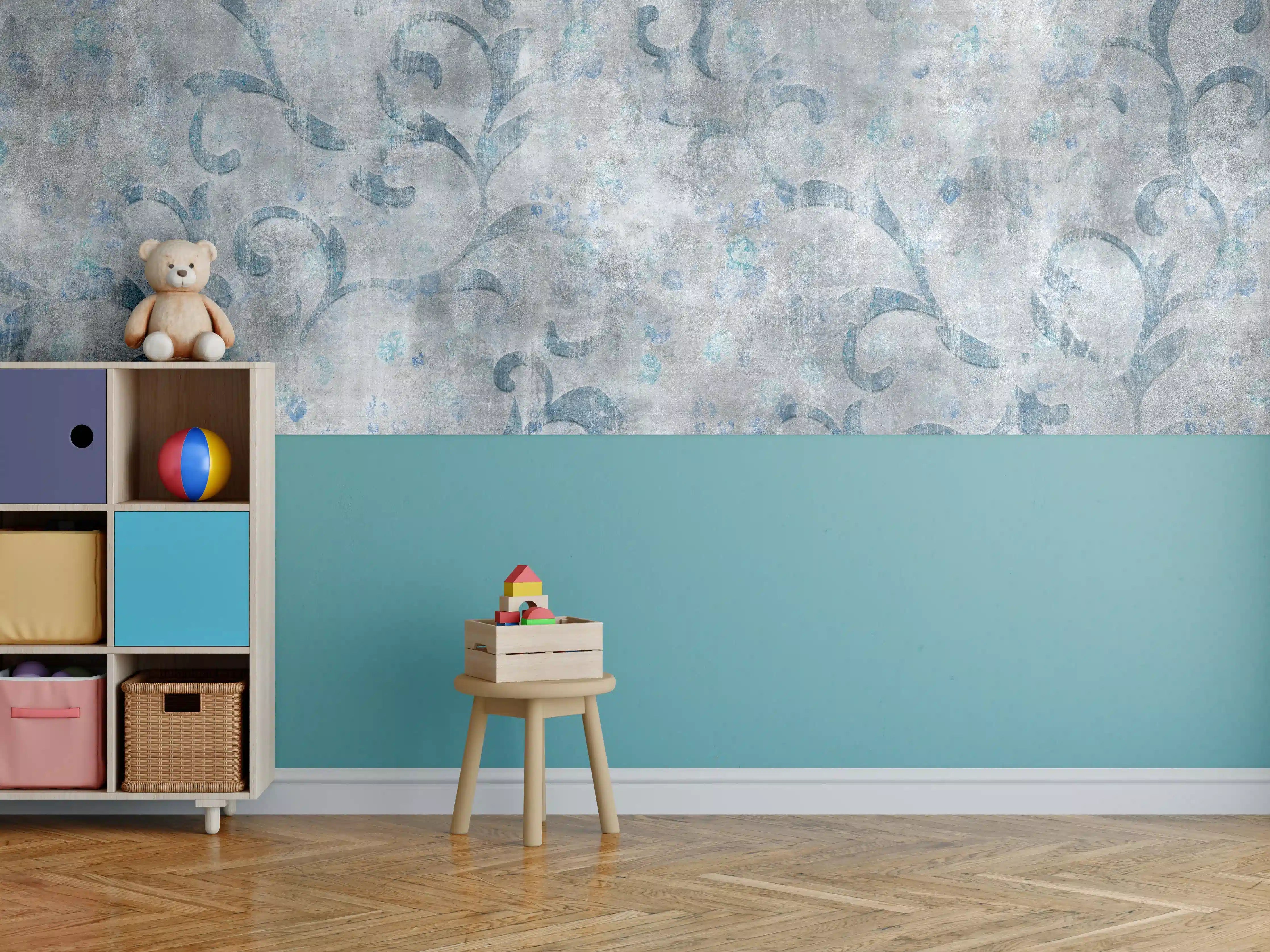 Kinderzimmer Wandgestaltung - Blaues Blätter Muster - Zement
