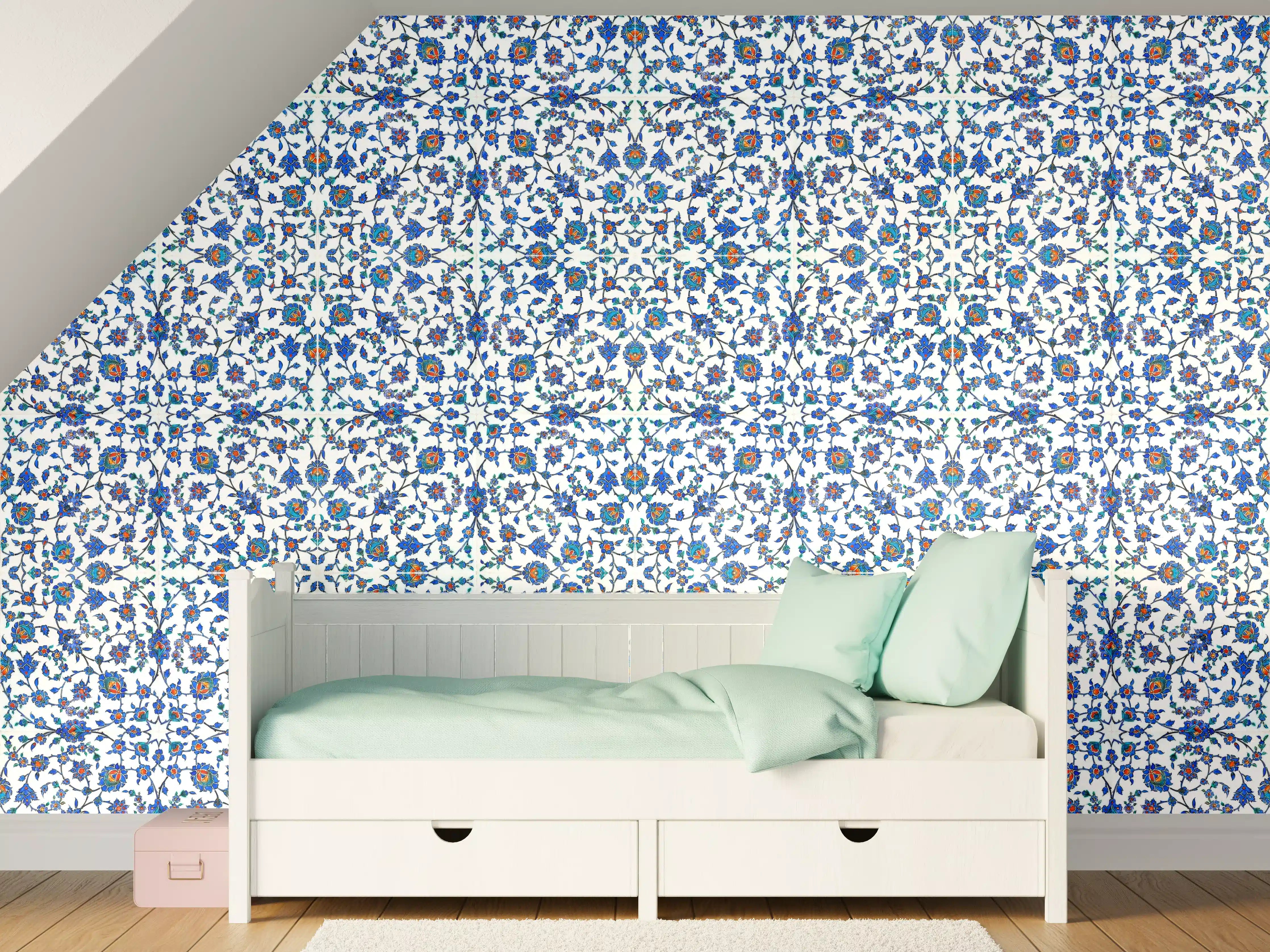 Kinderzimmer Wandgestaltung - Blaues Blumen-Mosaik-Muster