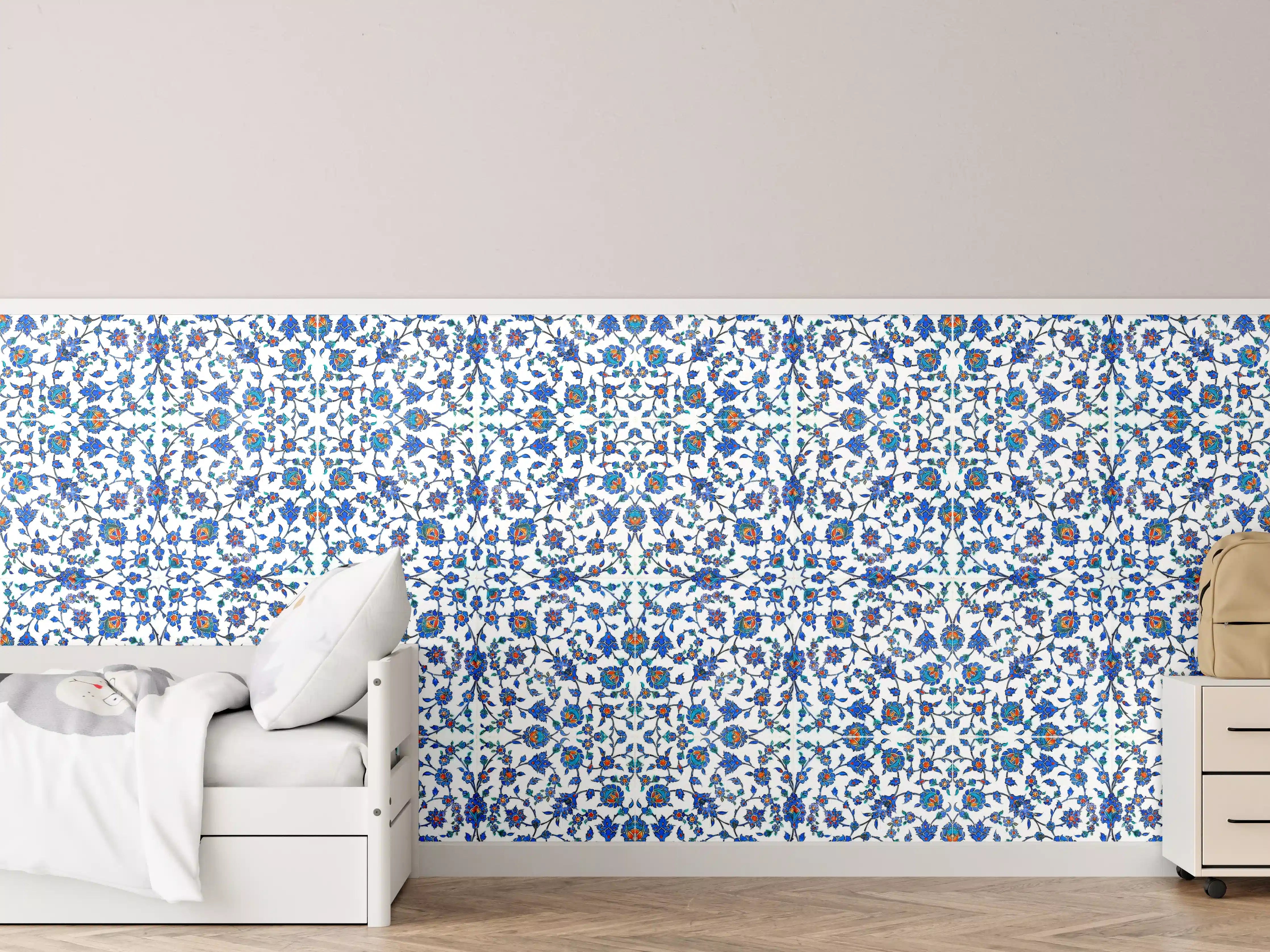 Kinderzimmer Wandgestaltung - Blaues Blumen-Mosaik-Muster