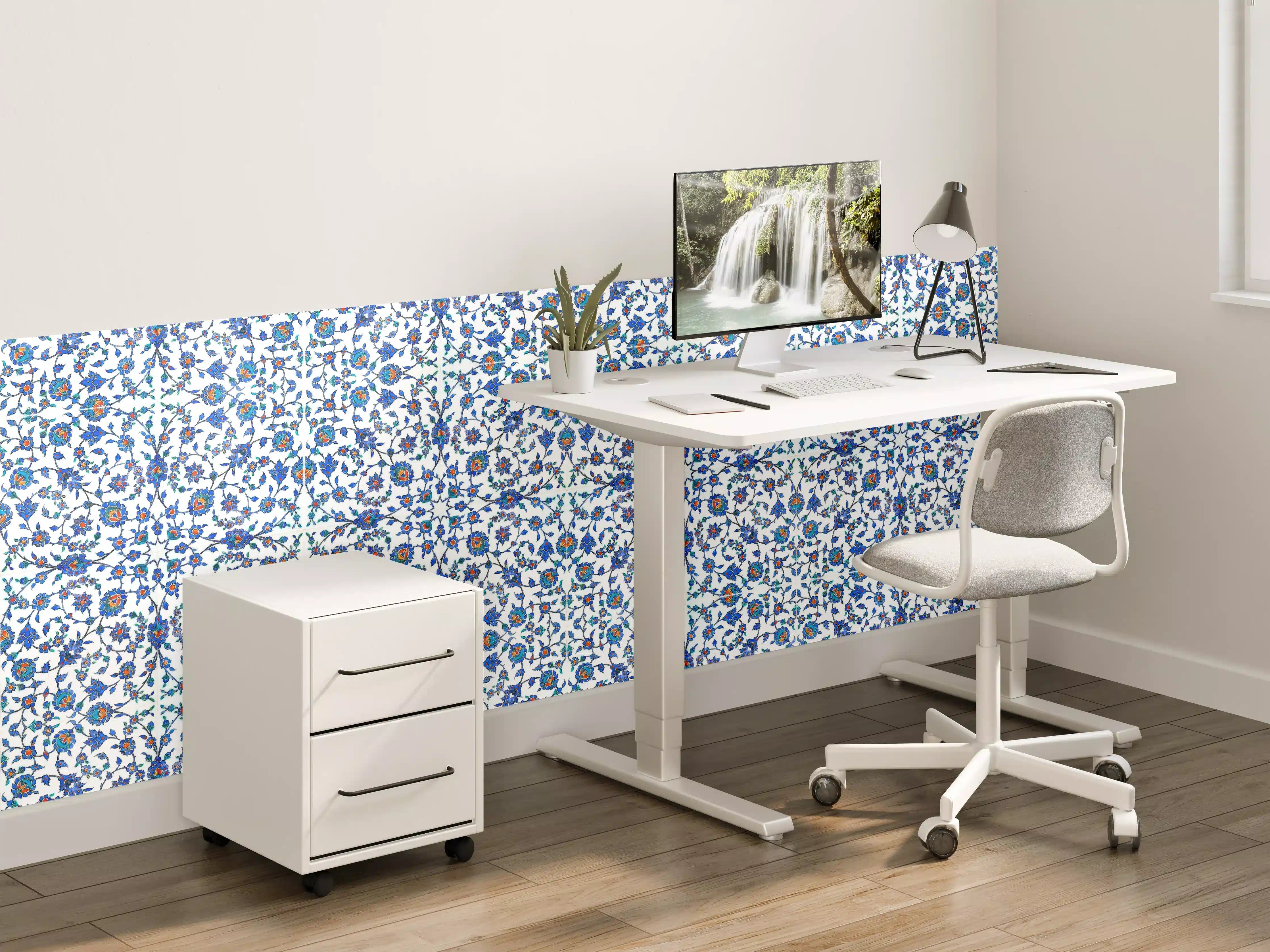 Kinderzimmer Wandgestaltung - Blaues Blumen-Mosaik-Muster