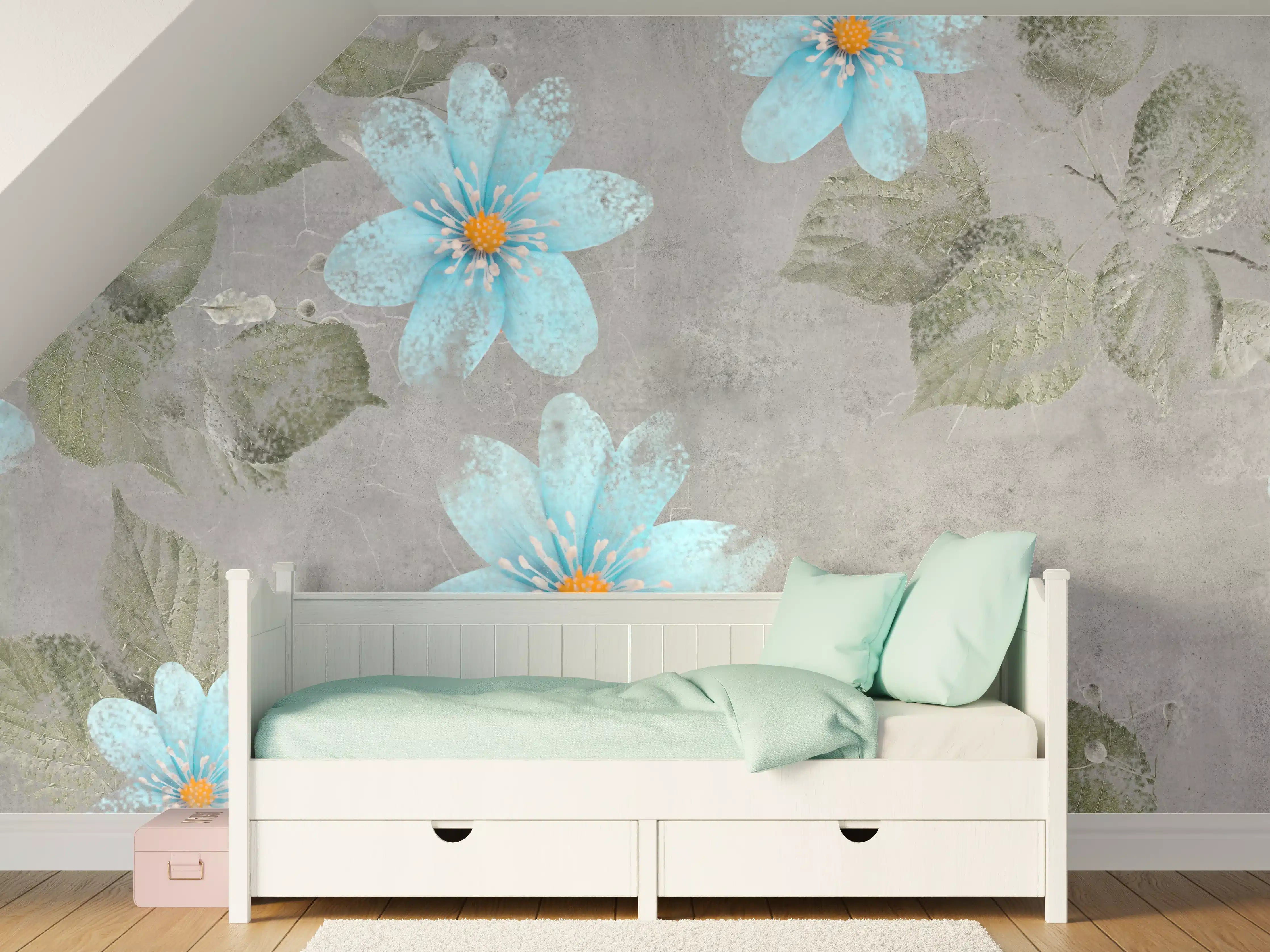 Kinderzimmer Wandgestaltung - Blaues Blumenmuster - Zeichnung