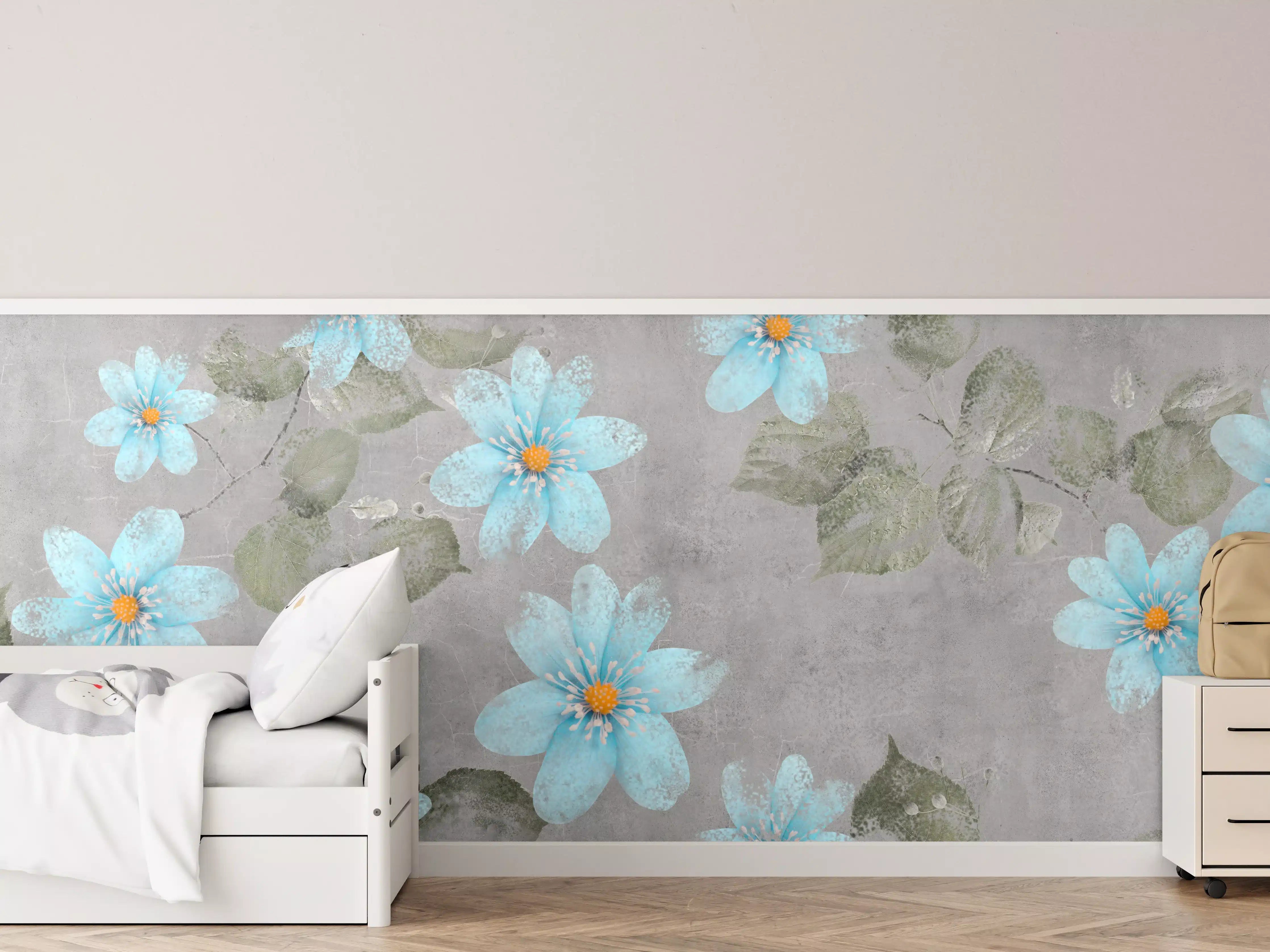 Kinderzimmer Wandgestaltung - Blaues Blumenmuster - Zeichnung