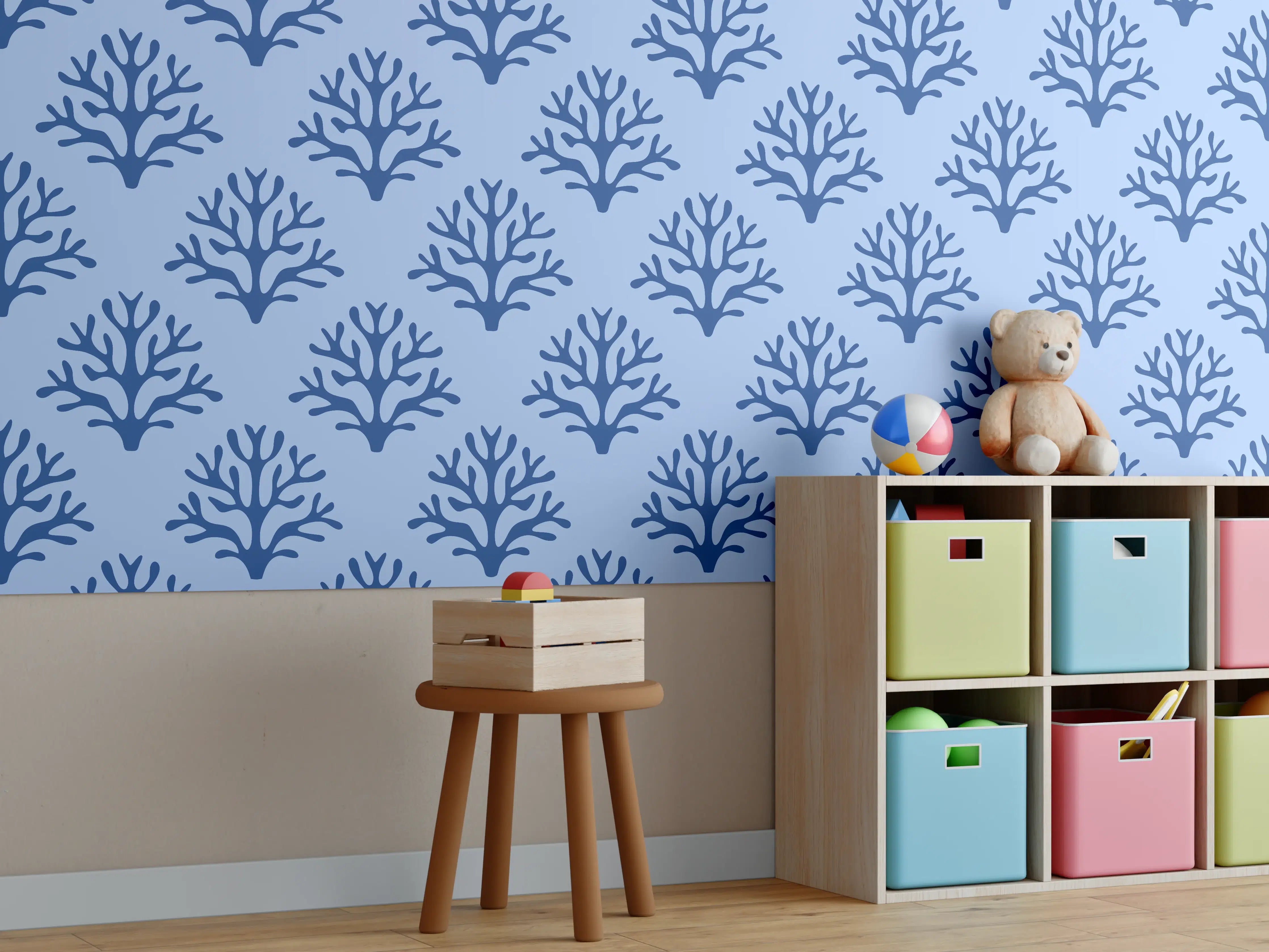Kinderzimmer Wandgestaltung - Blaues Korallenmuster Tapete
