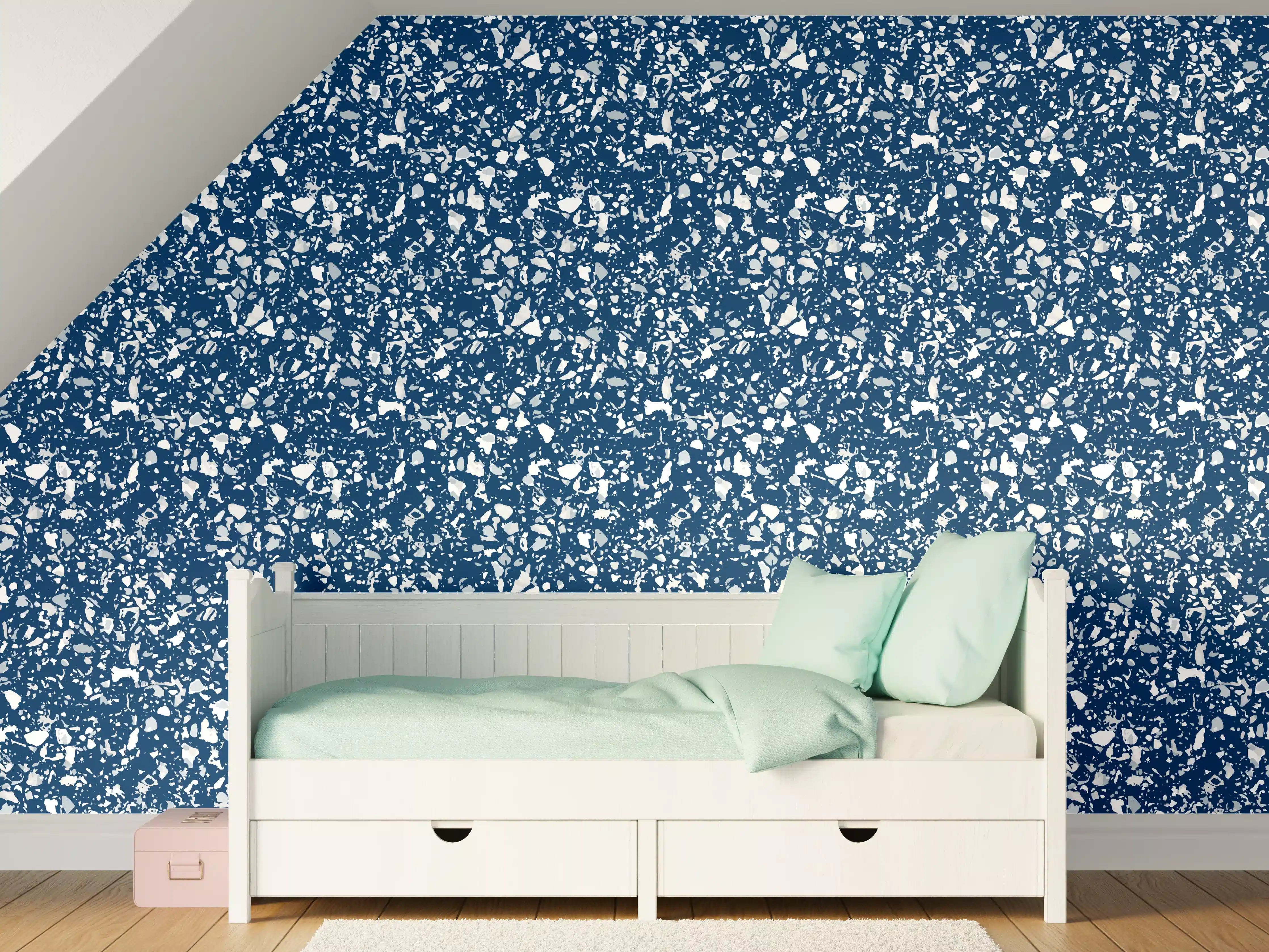 Kinderzimmer Wandgestaltung - Blaues Terrazzo mit dunklen Steinoptiken
