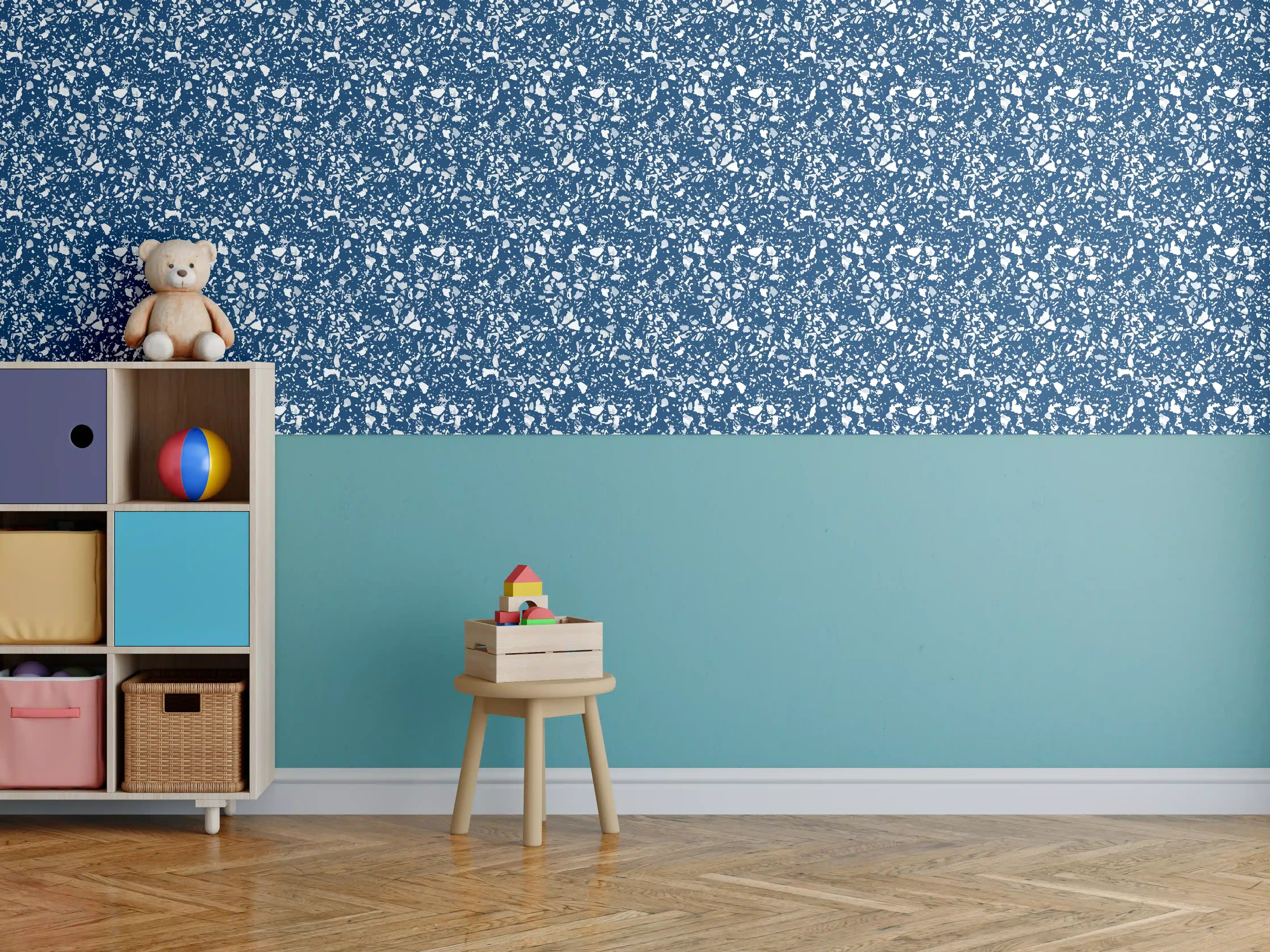 Kinderzimmer Wandgestaltung - Blaues Terrazzo mit dunklen Steinoptiken