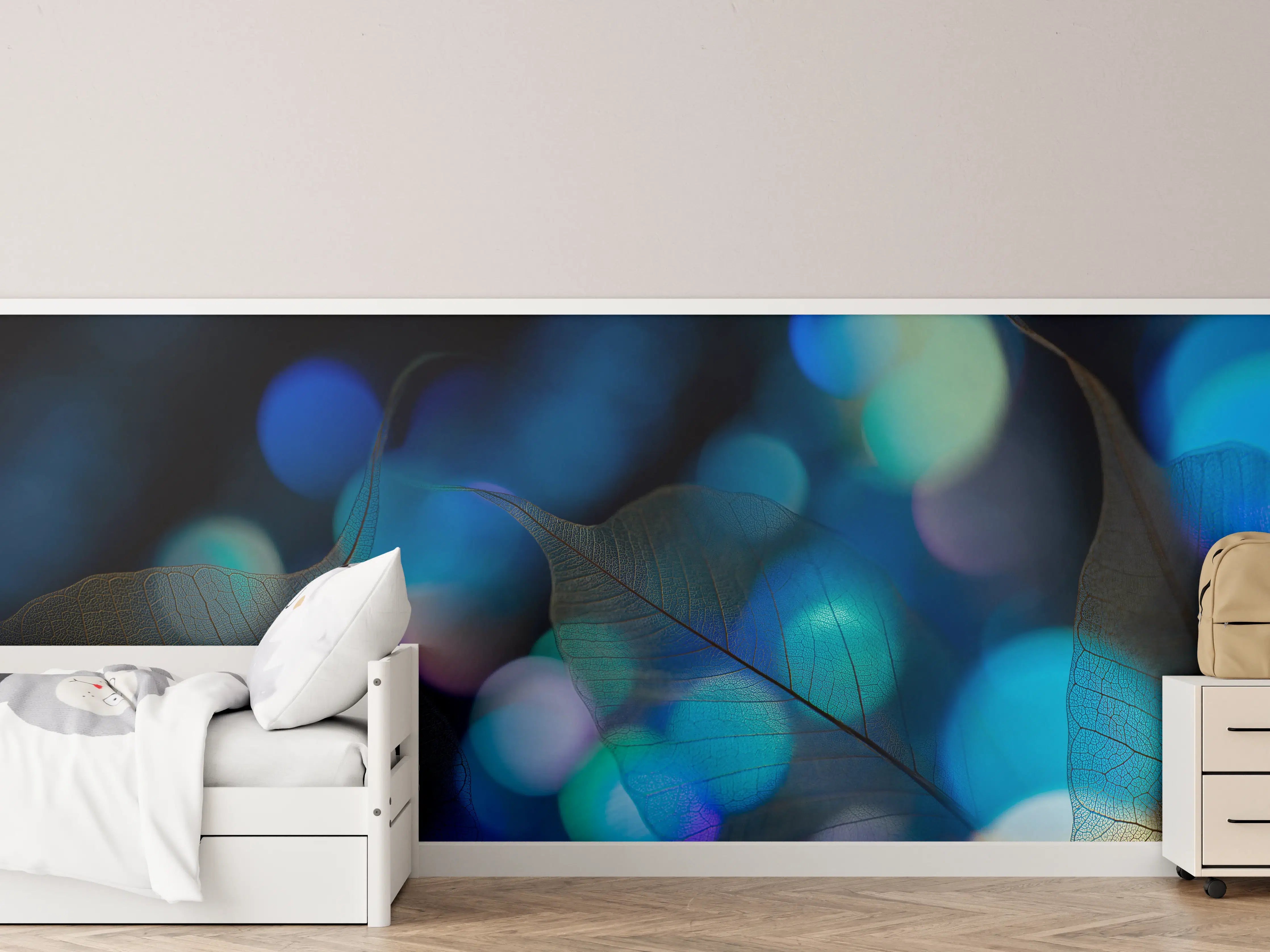 Kinderzimmer Wandgestaltung - Blaugrün Lichtspiel Blatttextur