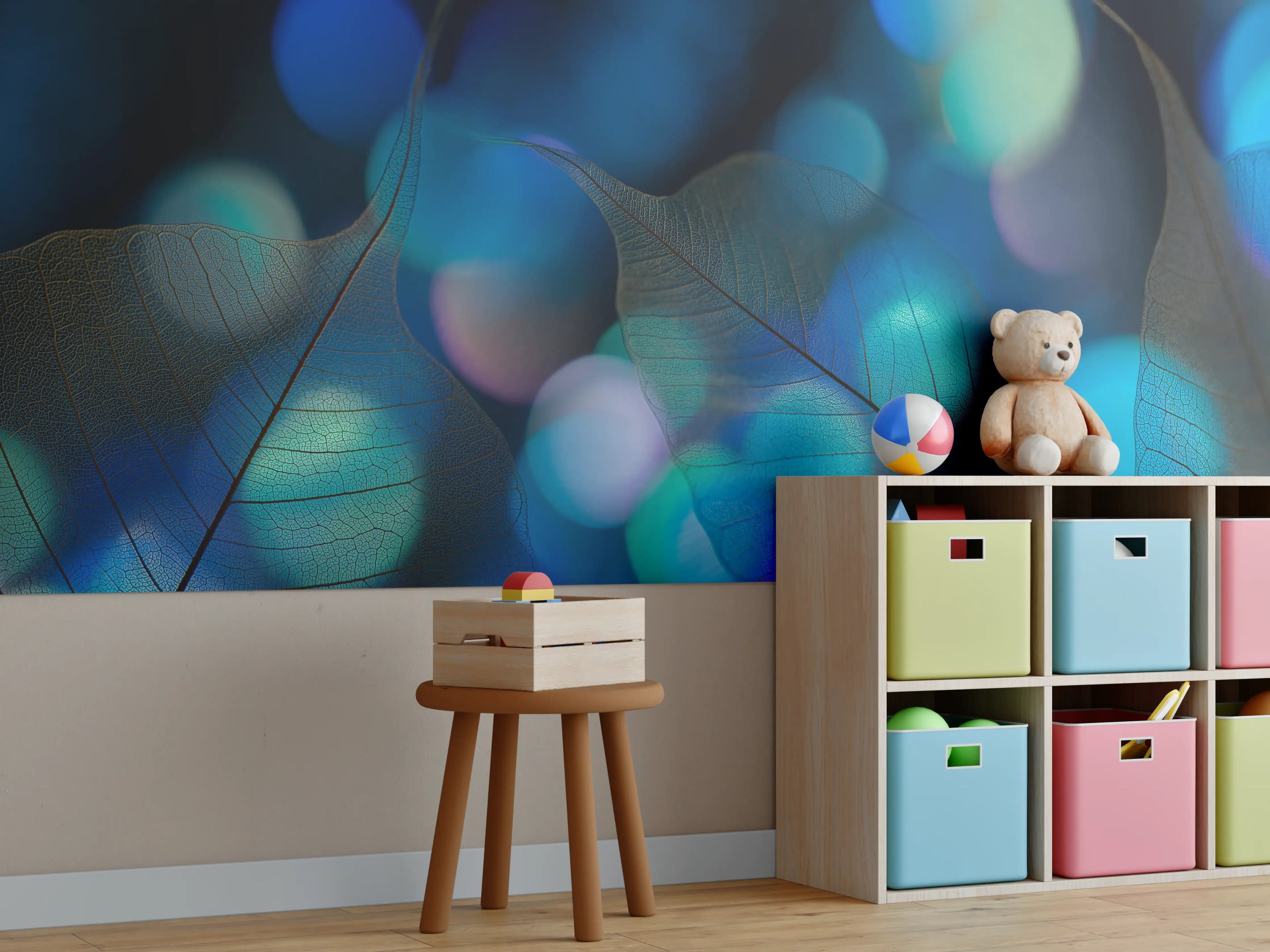 Kinderzimmer Wandgestaltung - Blaugrün Lichtspiel Blatttextur