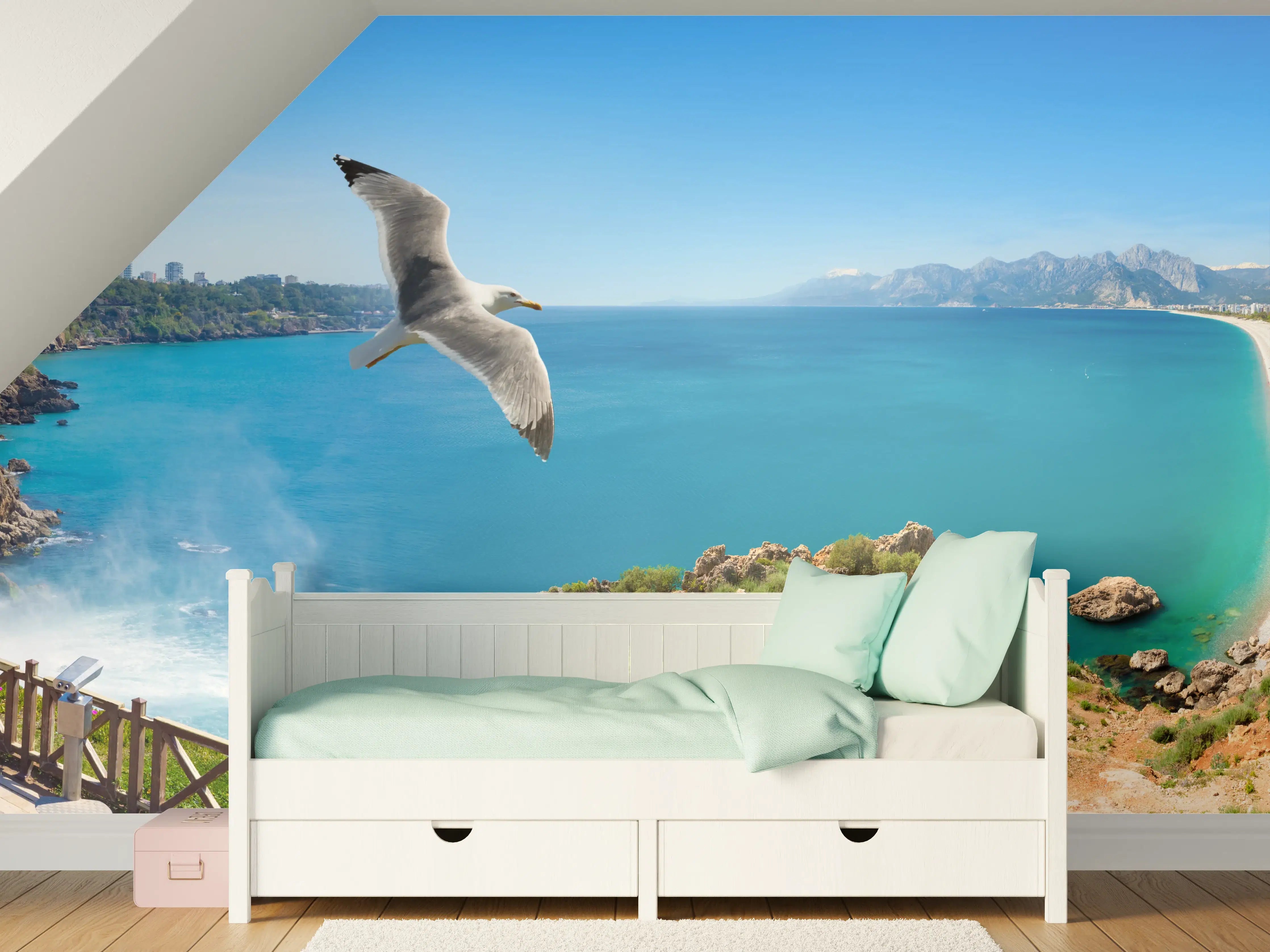 Kinderzimmer Wandgestaltung - Blick auf den Panoramasee mit Wasserfällen und Vogel in der Luft