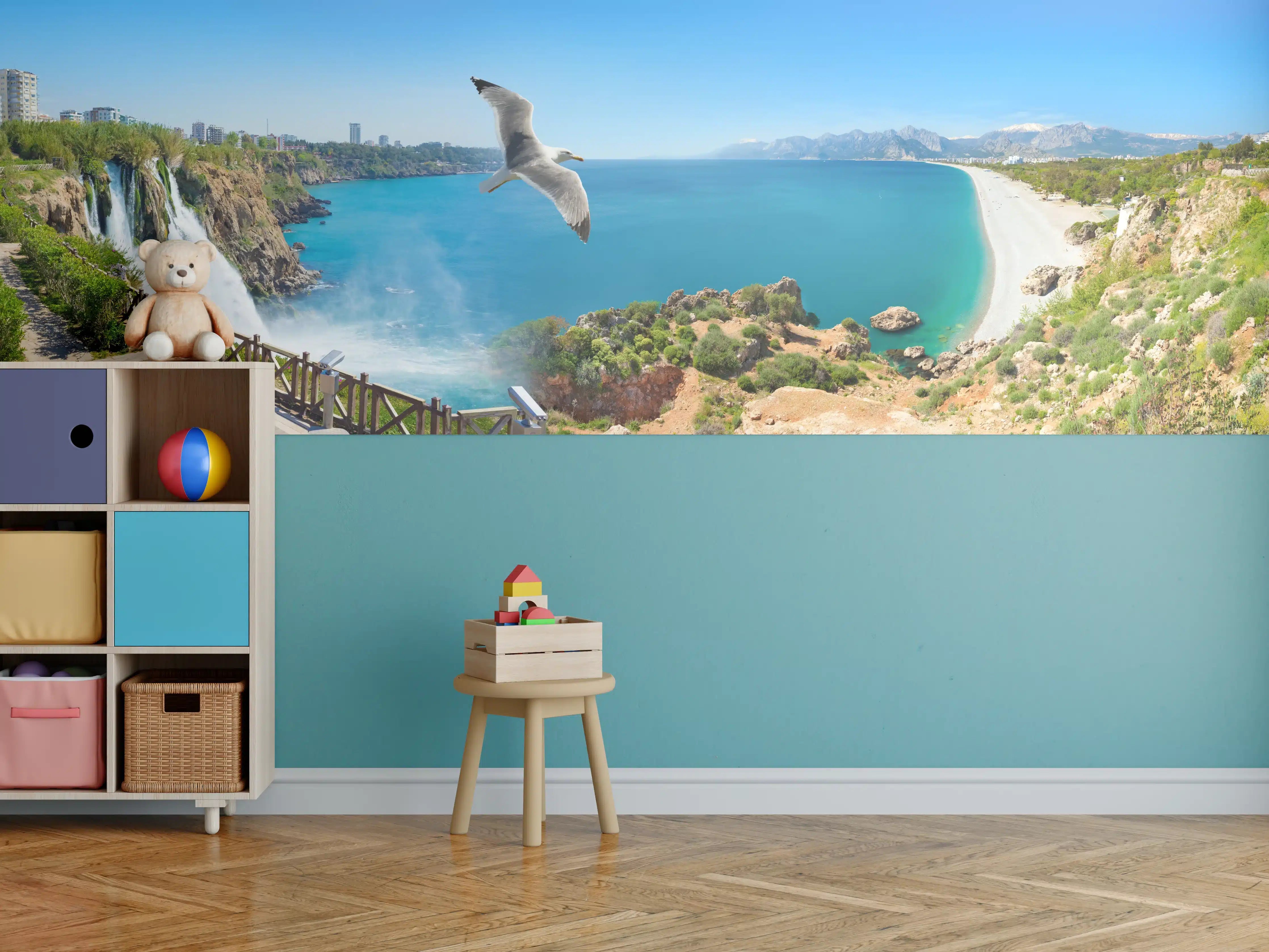 Kinderzimmer Wandgestaltung - Blick auf den Panoramasee mit Wasserfällen und Vogel in der Luft