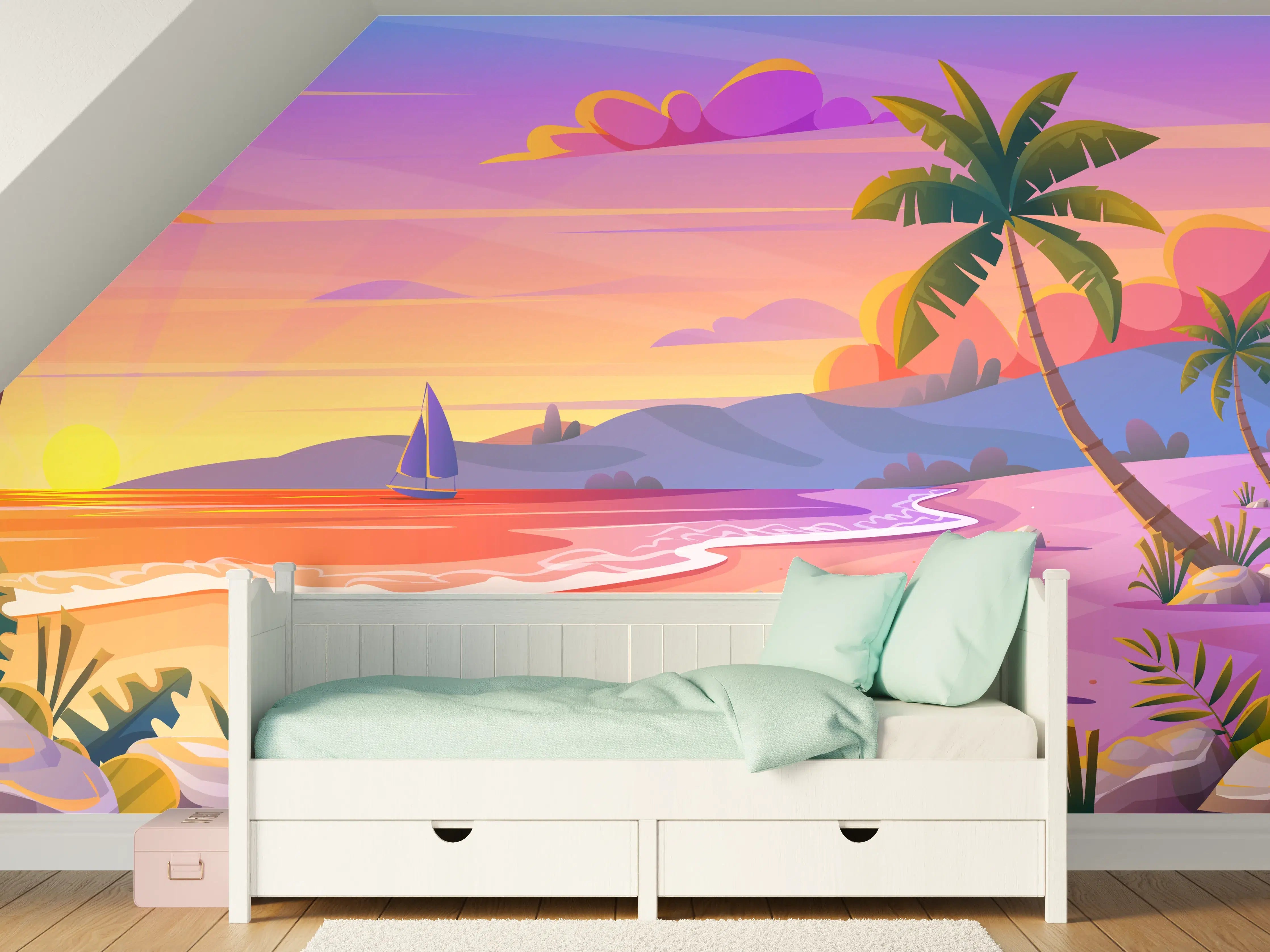 Kinderzimmer Wandgestaltung - Blick auf einen sonnigen Strand bei Sonnenuntergang