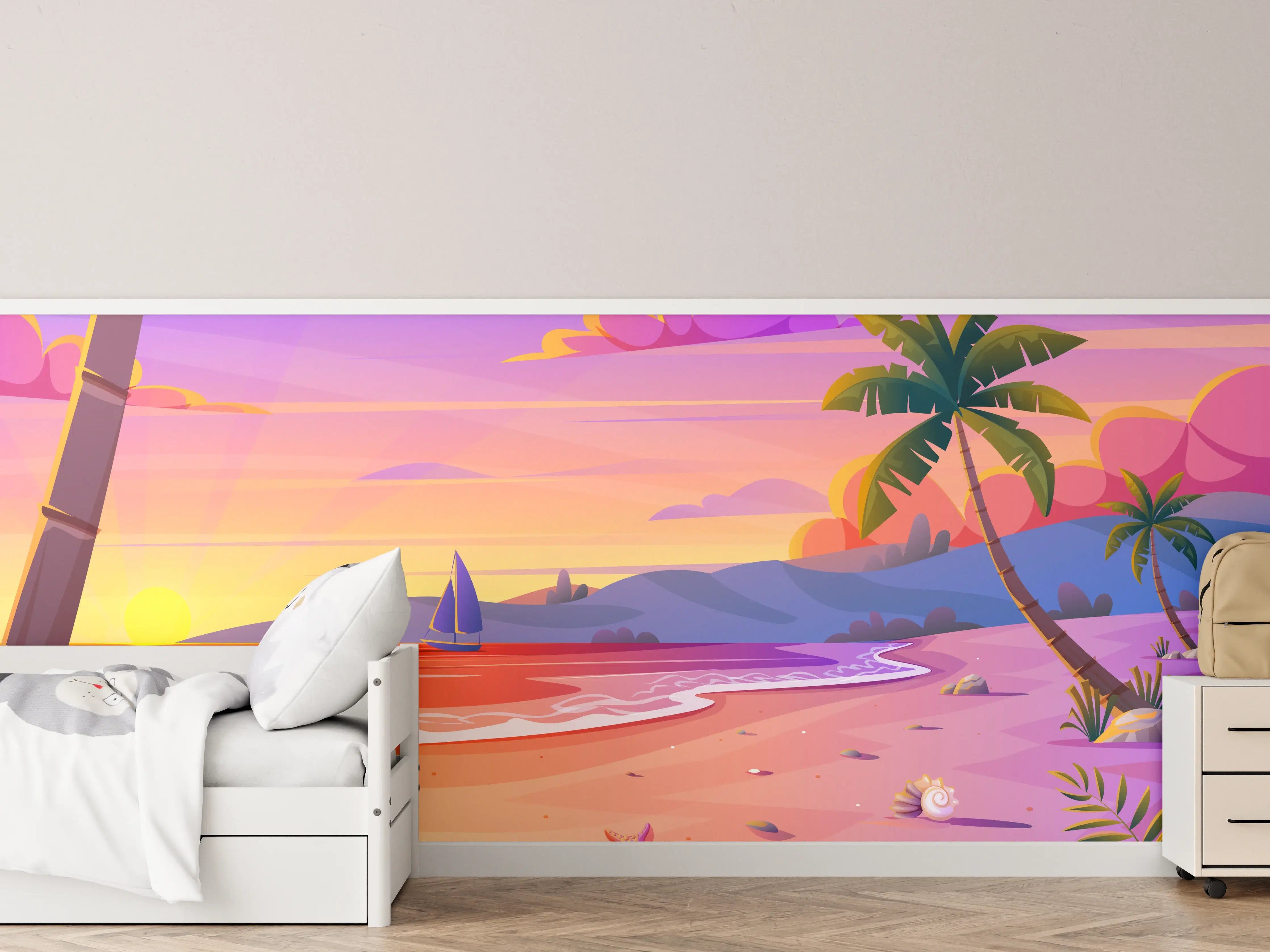 Kinderzimmer Wandgestaltung - Blick auf einen sonnigen Strand bei Sonnenuntergang