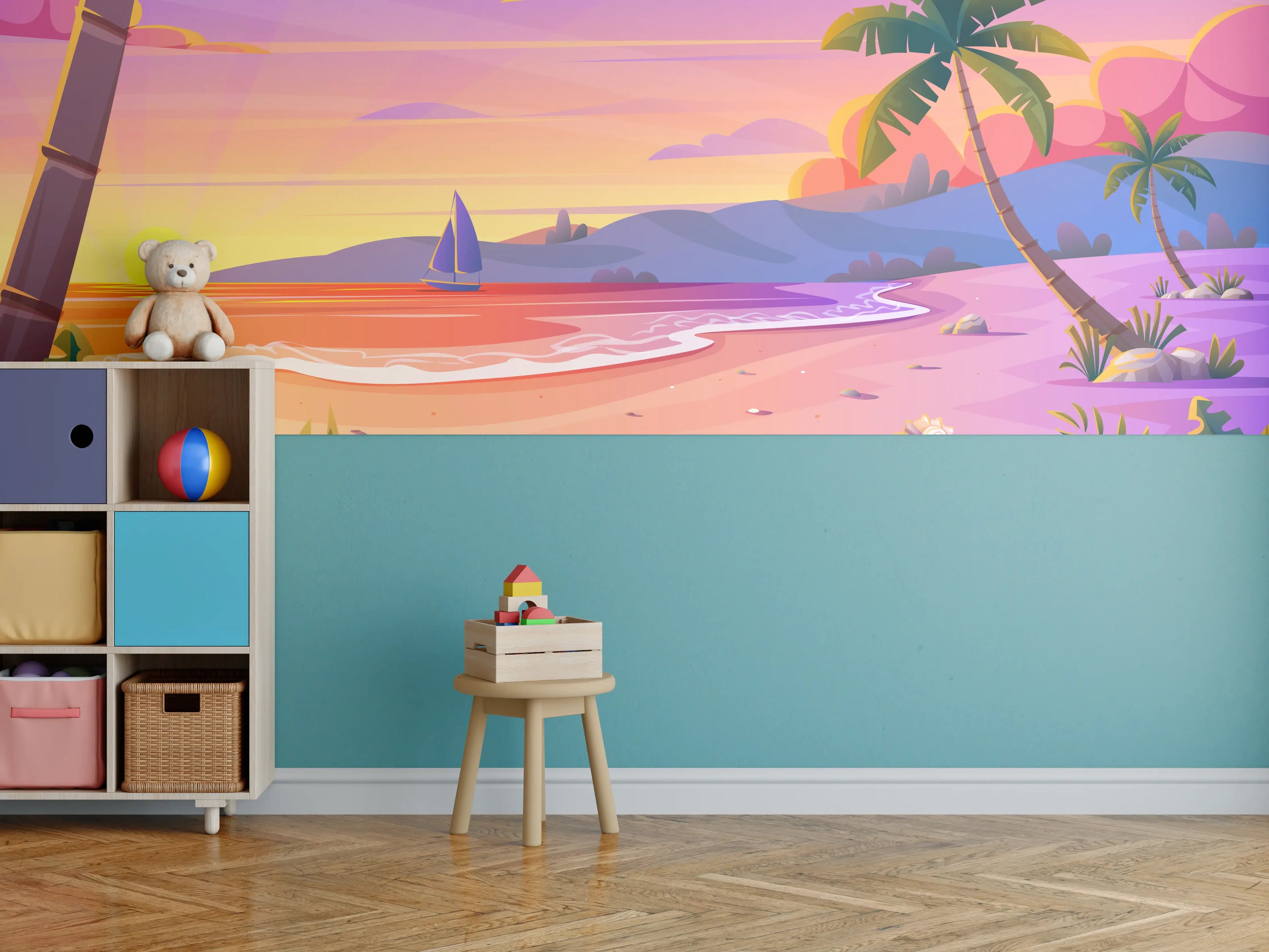 Kinderzimmer Wandgestaltung - Blick auf einen sonnigen Strand bei Sonnenuntergang