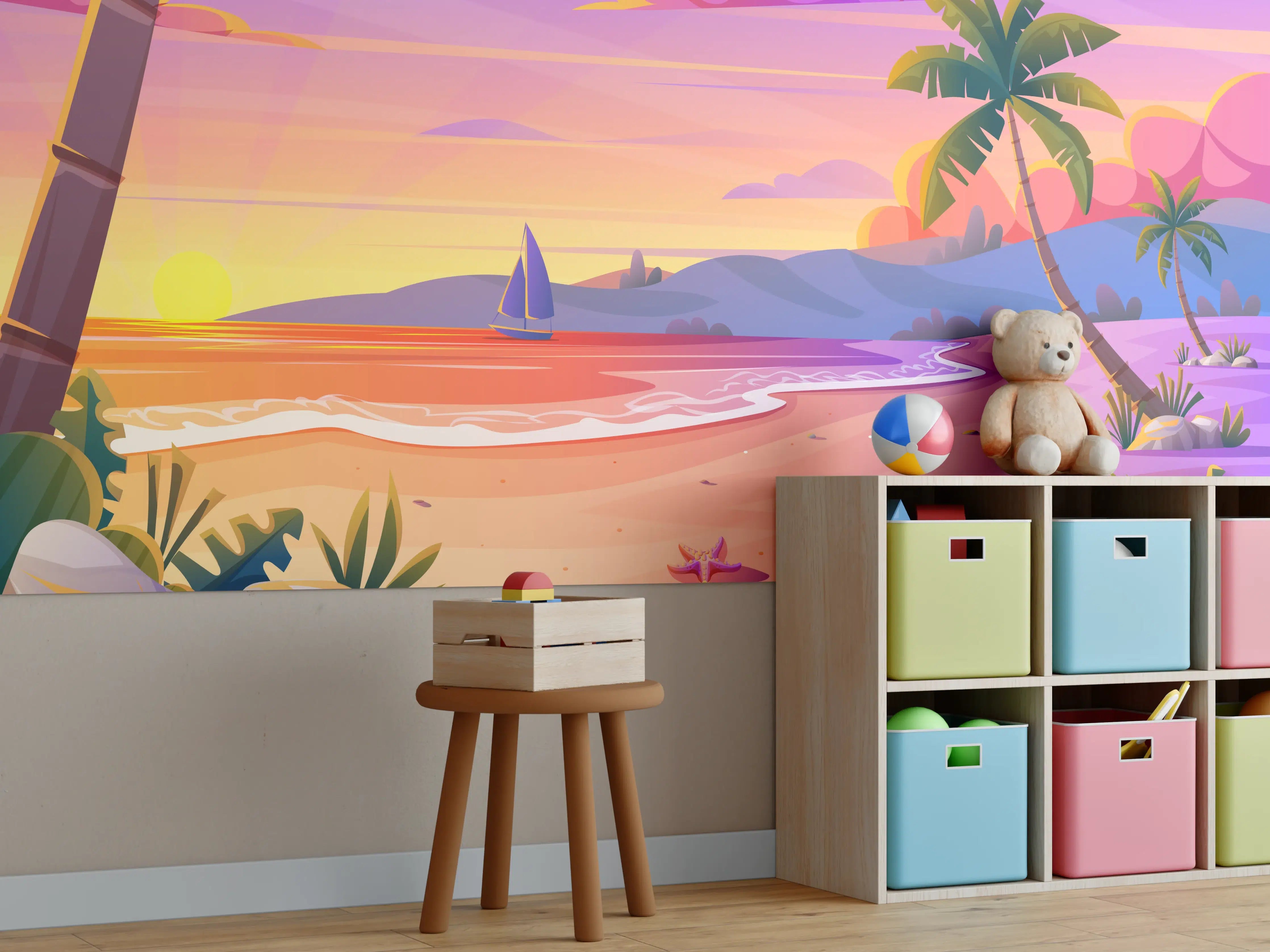 Kinderzimmer Wandgestaltung - Blick auf einen sonnigen Strand bei Sonnenuntergang