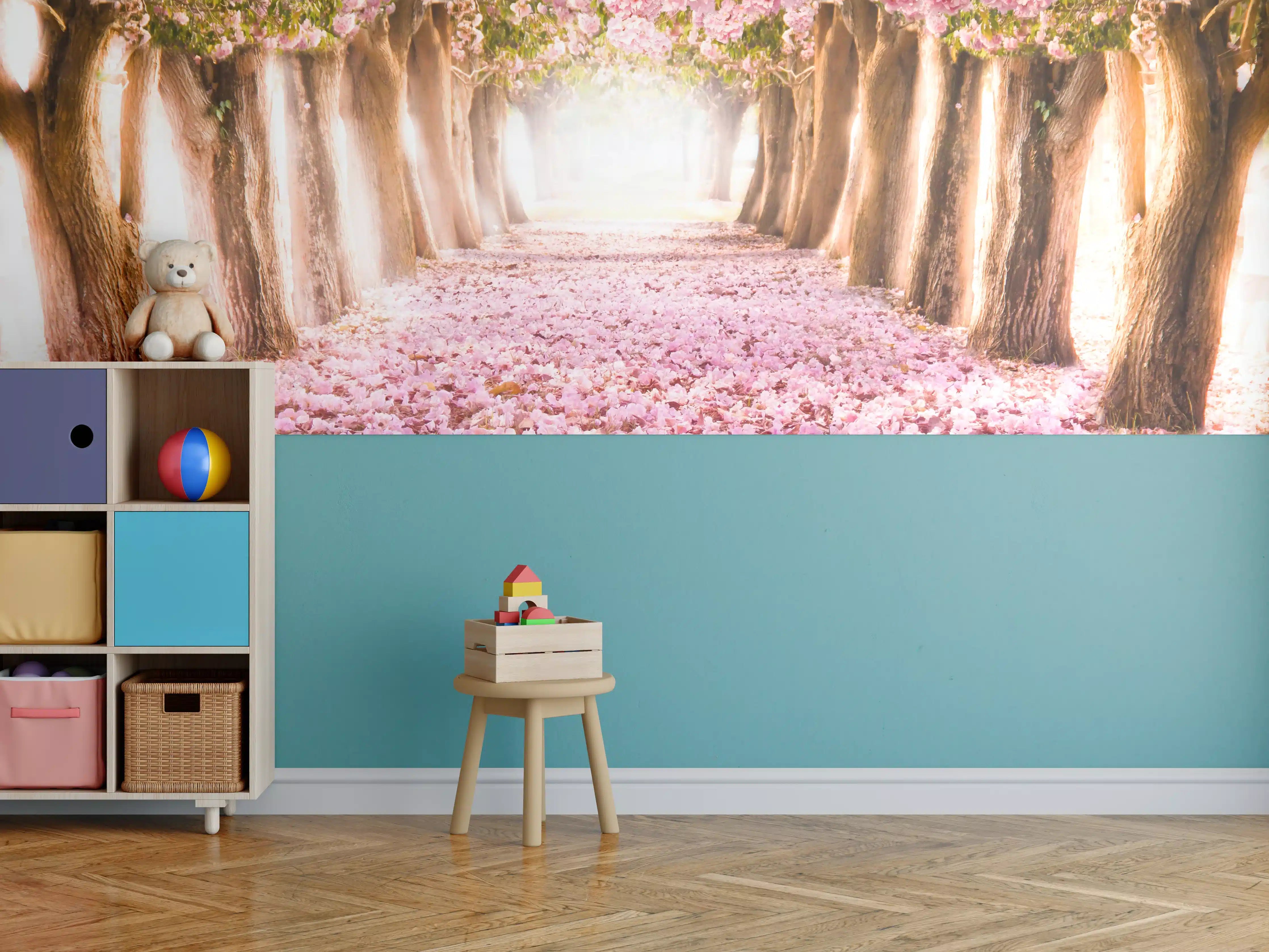 Kinderzimmer Wandgestaltung - Blühender Märchenweg mit rosa Blüten