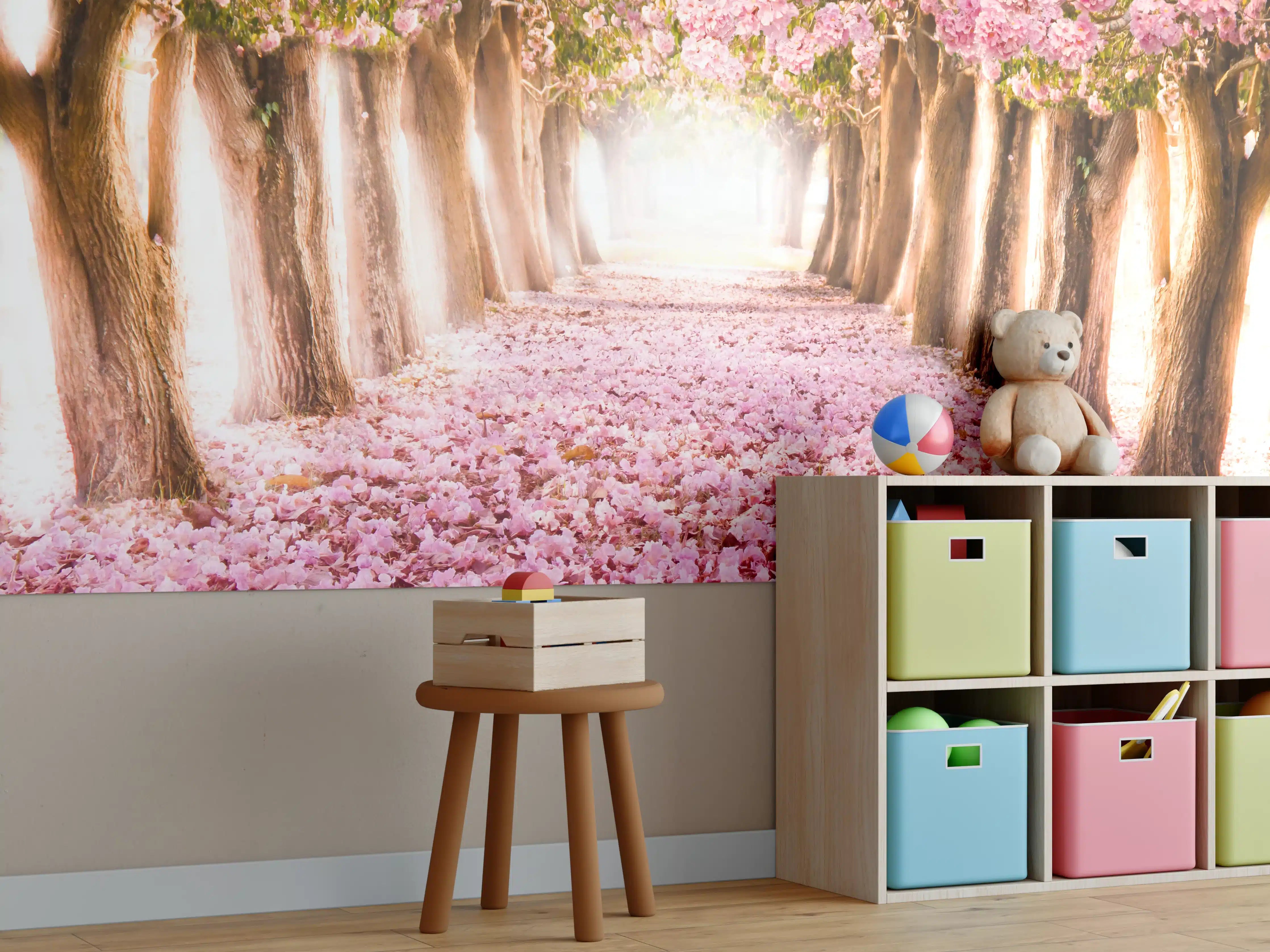 Kinderzimmer Wandgestaltung - Blühender Märchenweg mit rosa Blüten