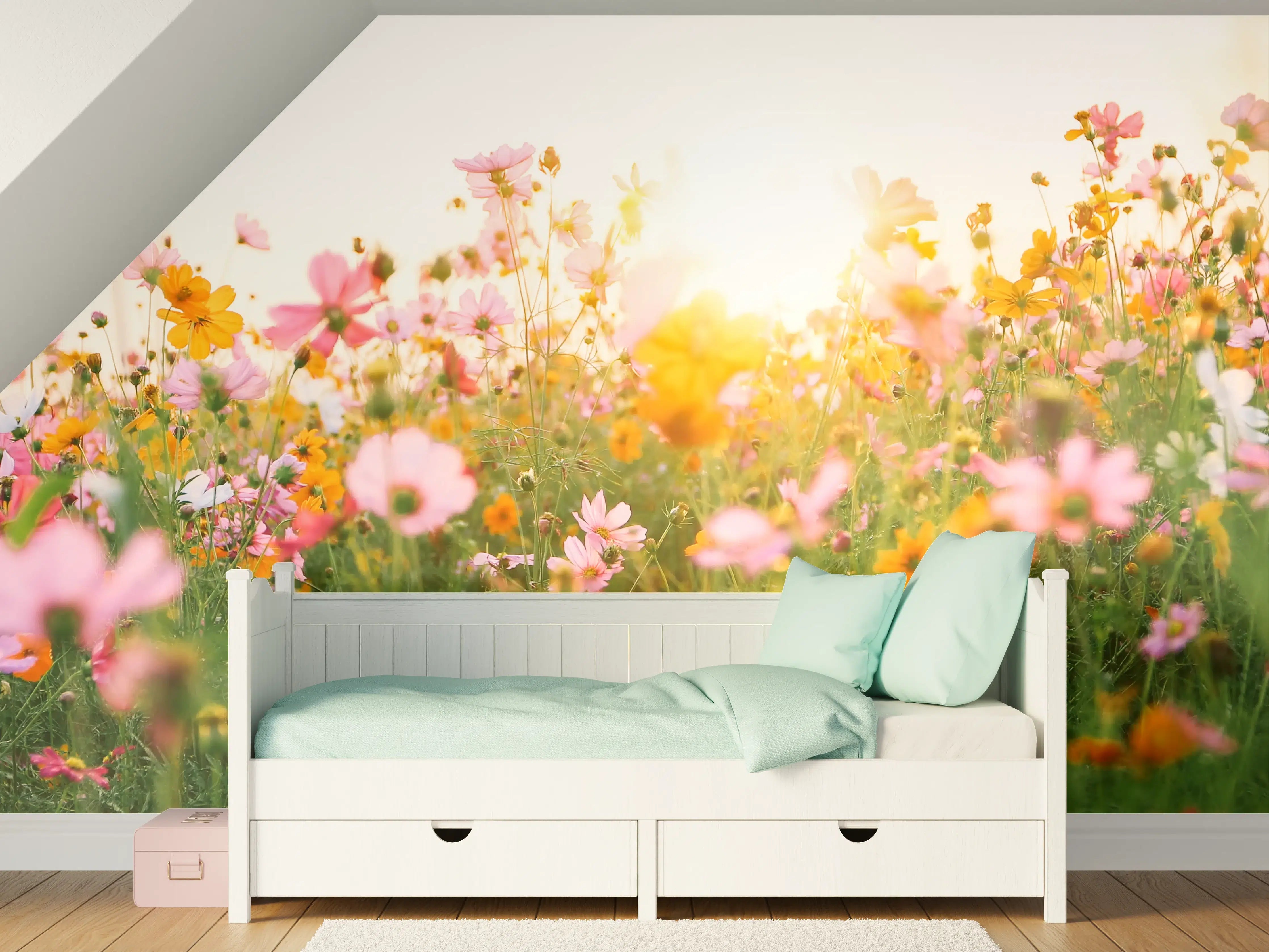 Kinderzimmer Wandgestaltung - Blühendes Frühlingsfeld mit Sonnenlicht