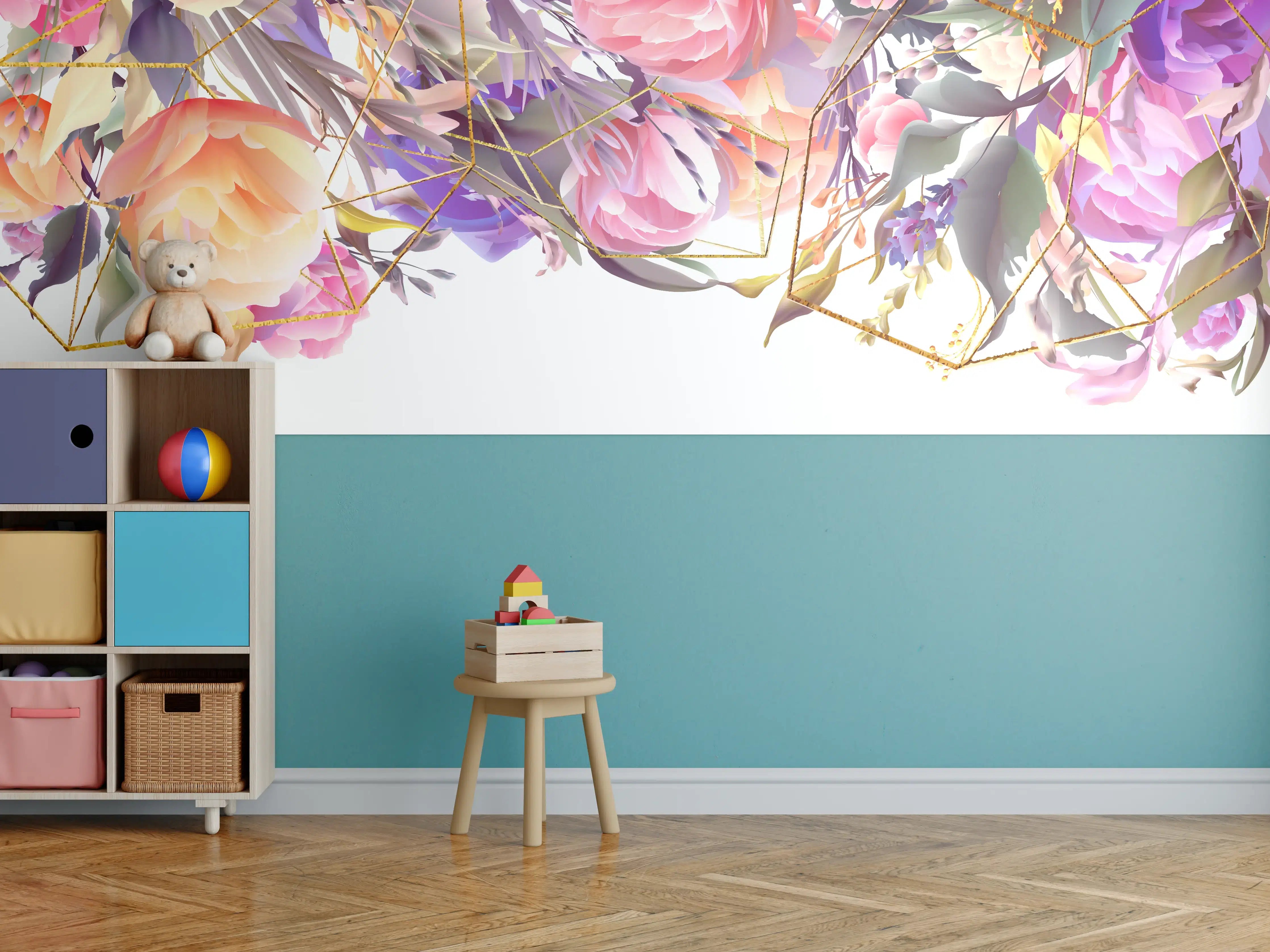 Kinderzimmer Wandgestaltung - Blumen-Muster Abstrakt Gold