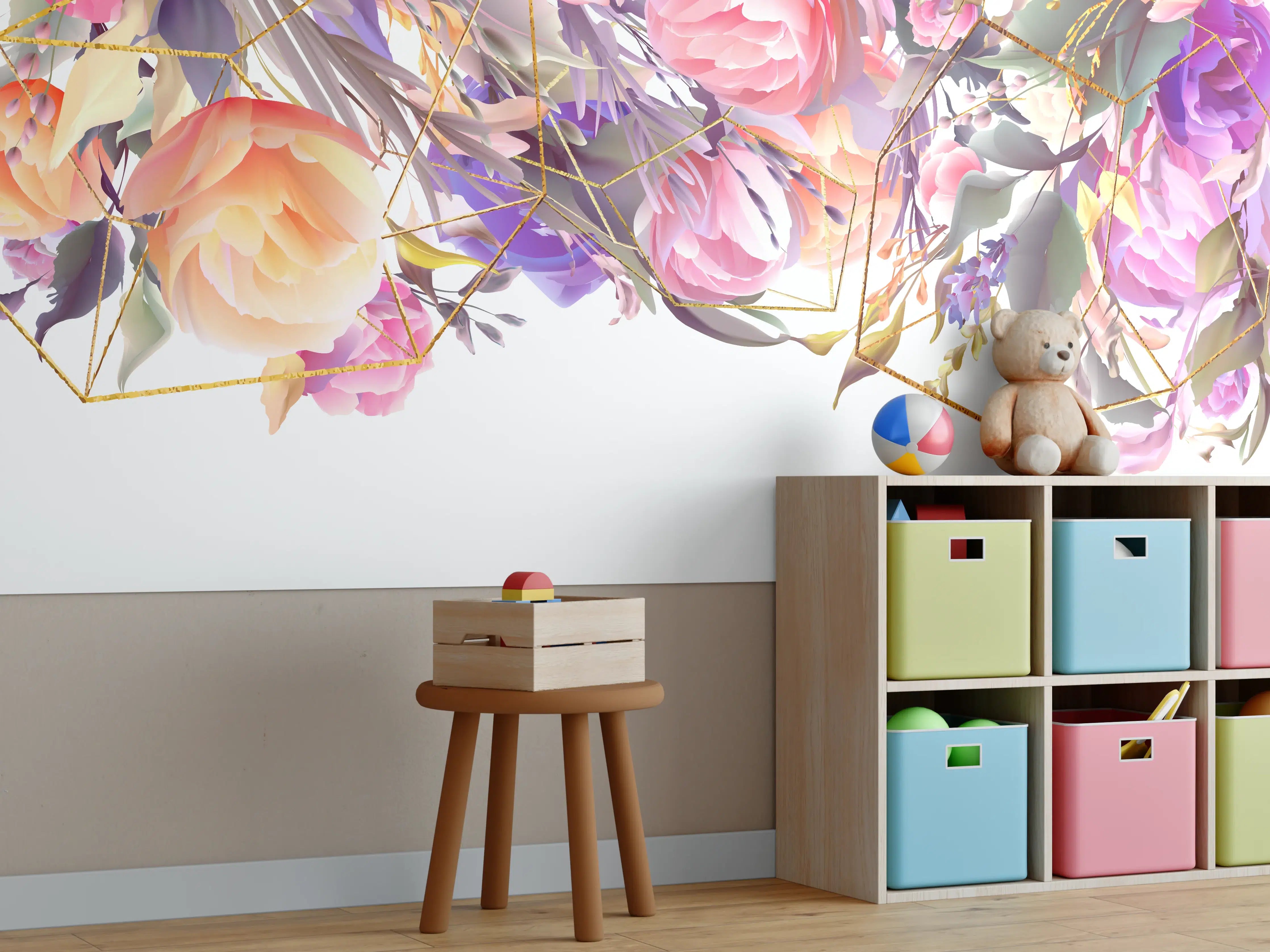 Kinderzimmer Wandgestaltung - Blumen-Muster Abstrakt Gold
