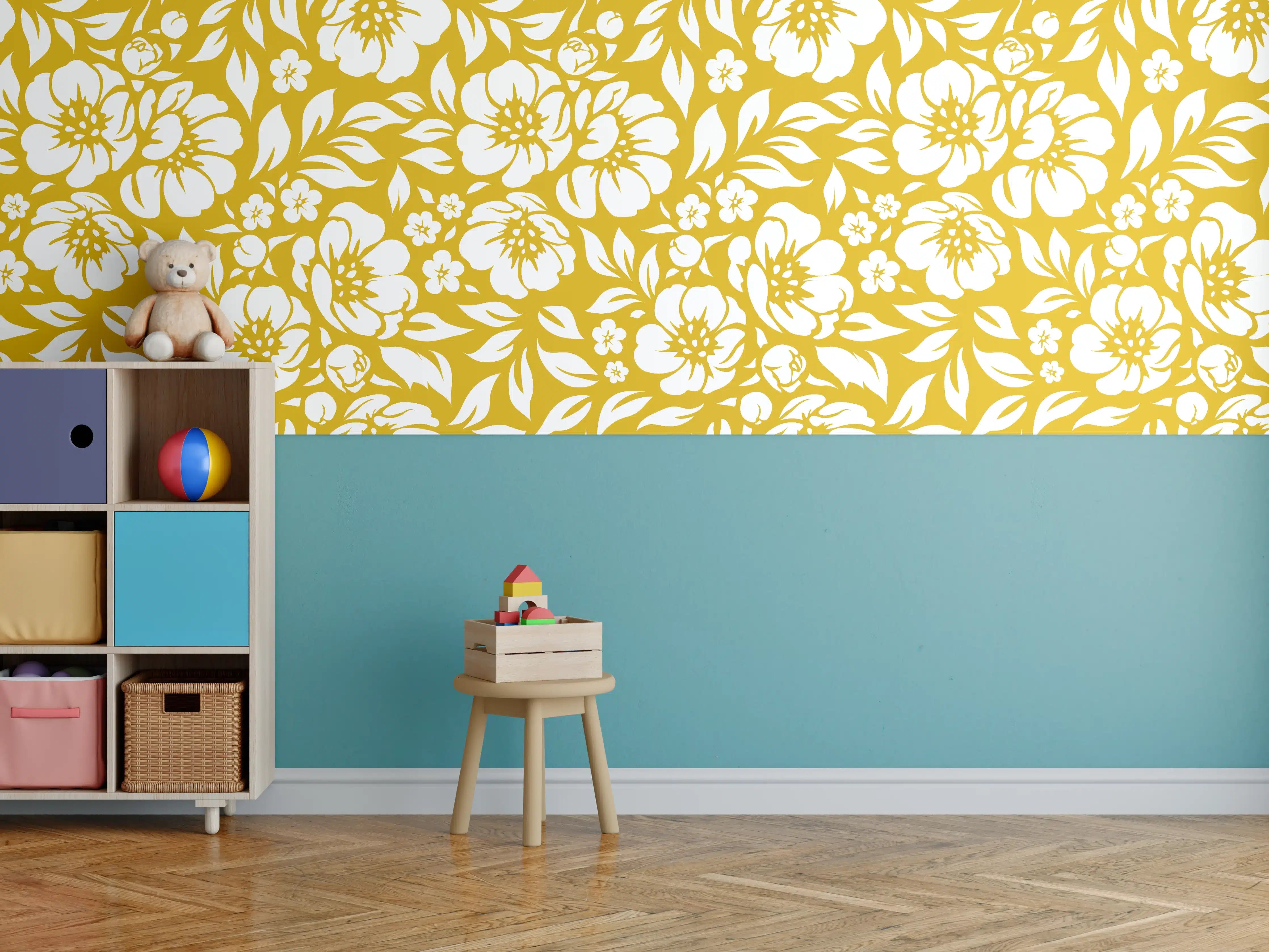 Kinderzimmer Wandgestaltung - Blumen & Pflanzen in Senffarbe