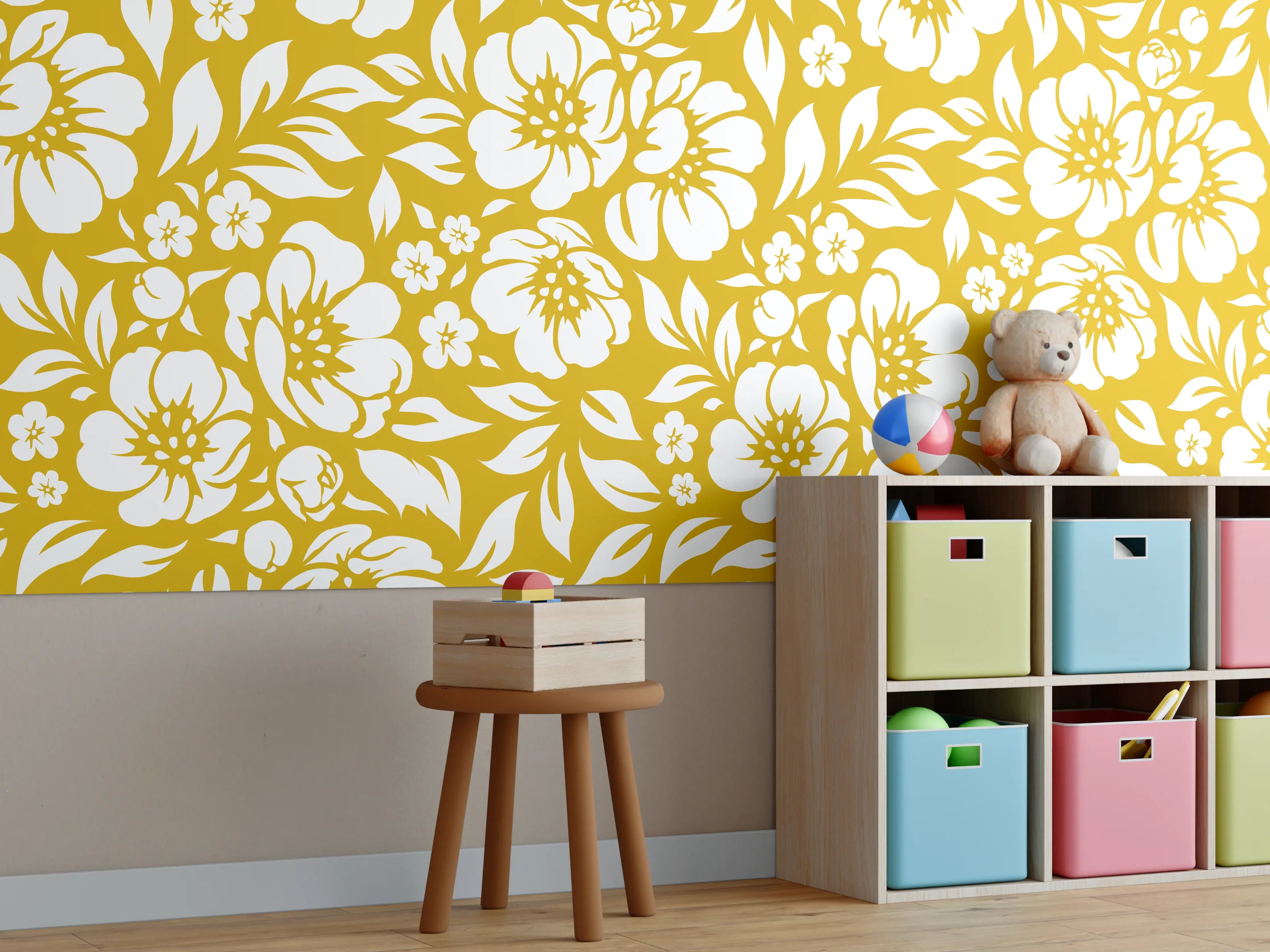 Kinderzimmer Wandgestaltung - Blumen & Pflanzen in Senffarbe