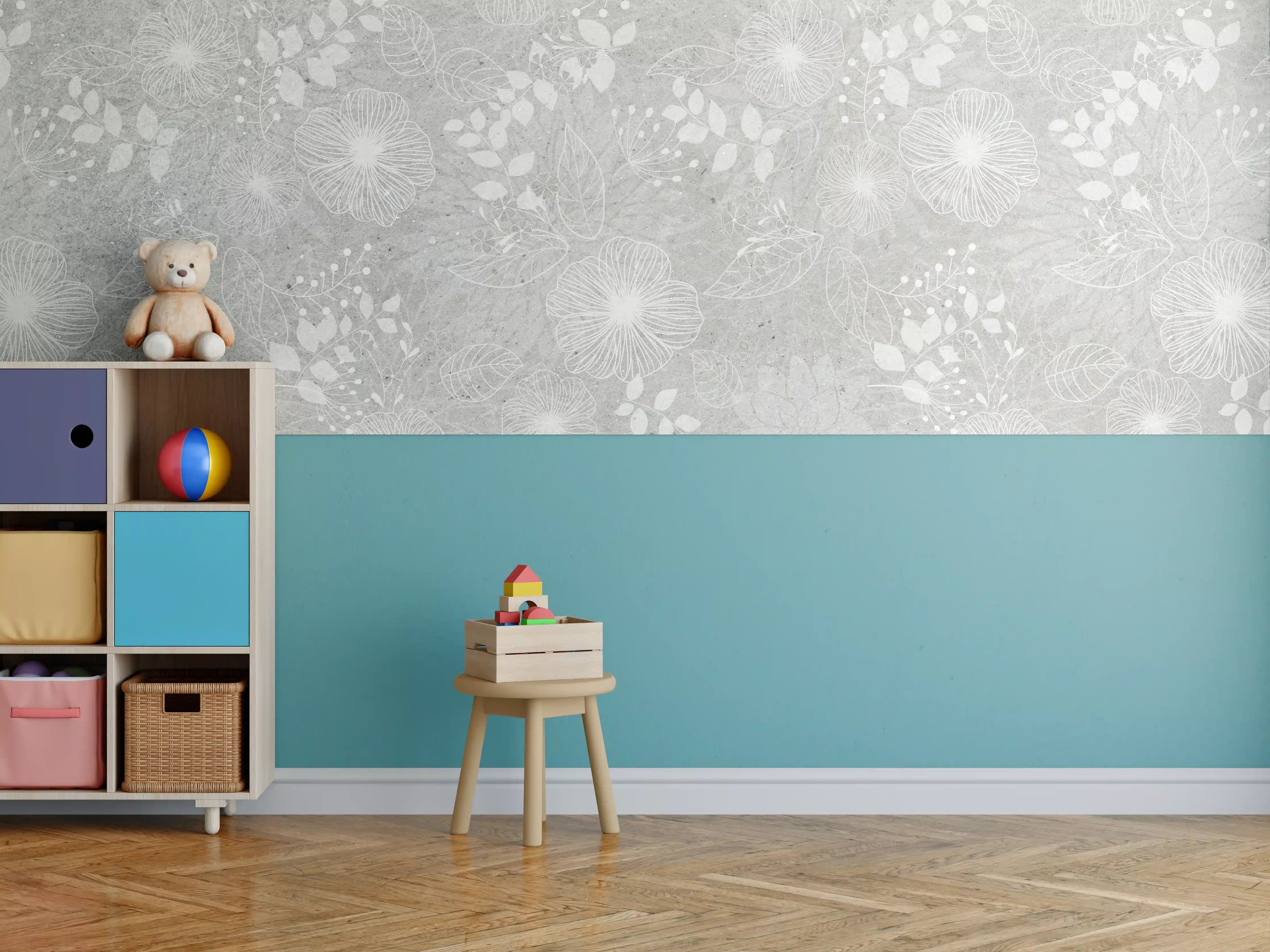 Kinderzimmer Wandgestaltung - Blumen auf grauem Beton