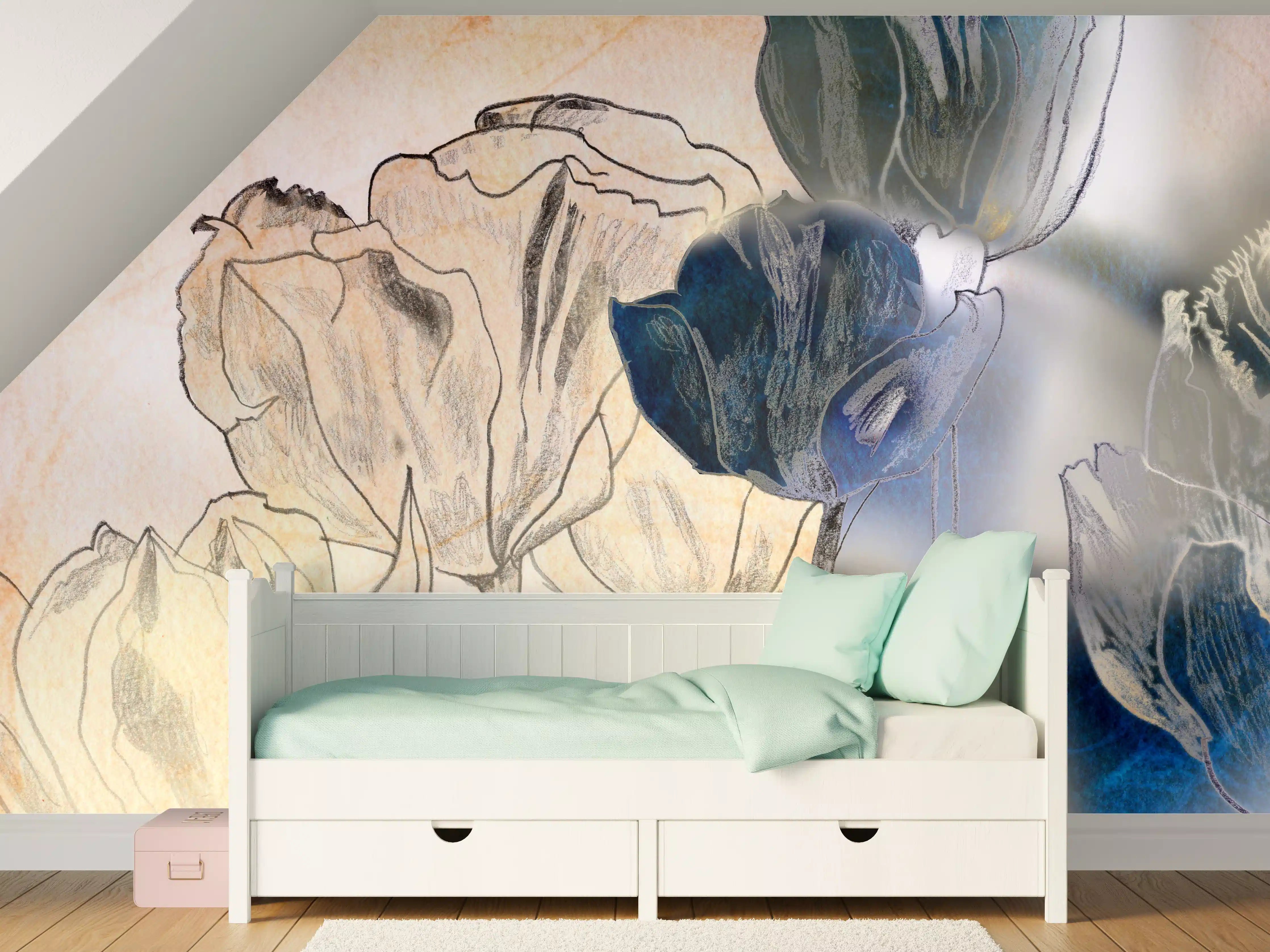 Kinderzimmer Wandgestaltung - Blumen in Blau und Beige