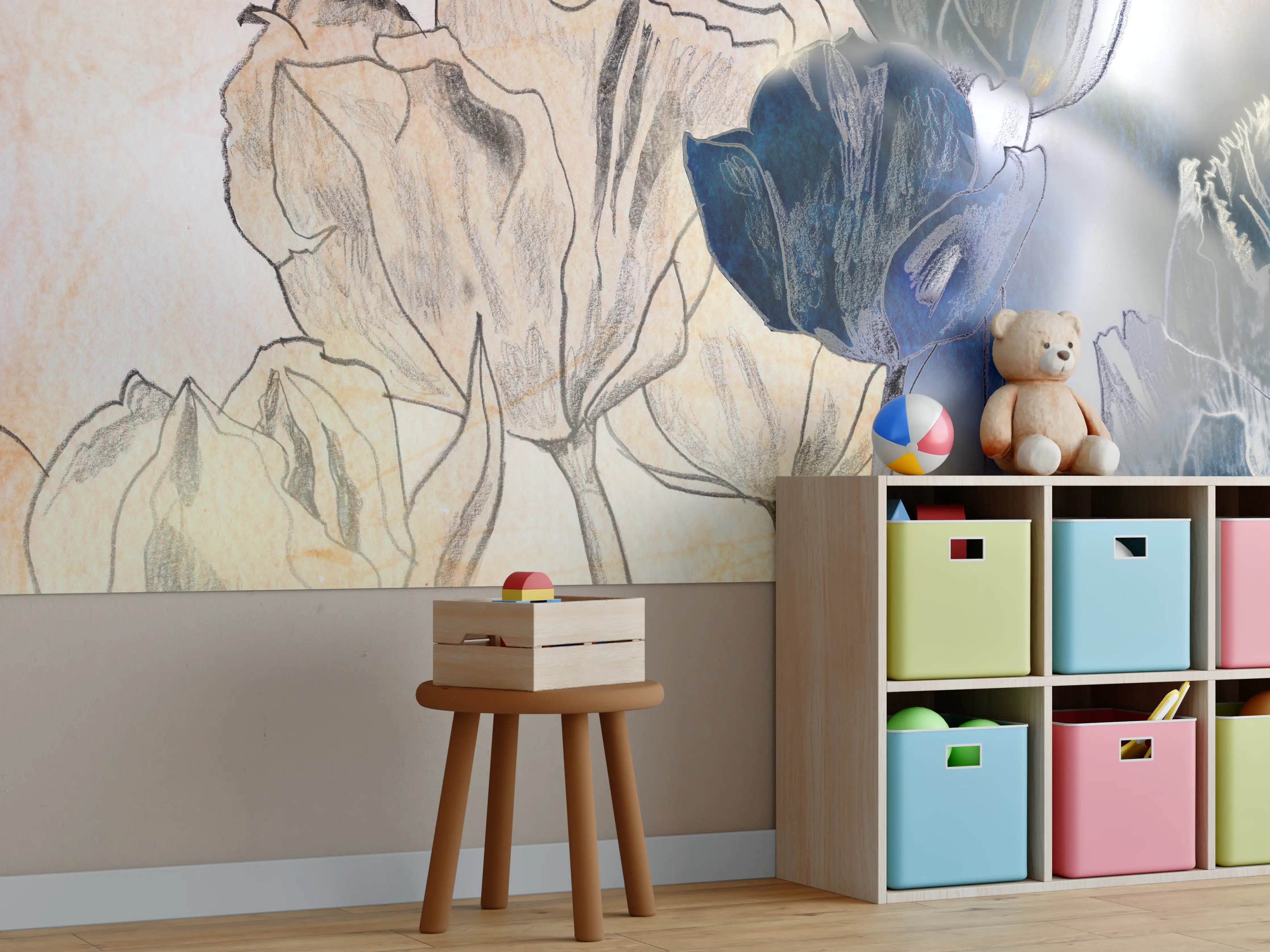 Kinderzimmer Wandgestaltung - Blumen in Blau und Beige