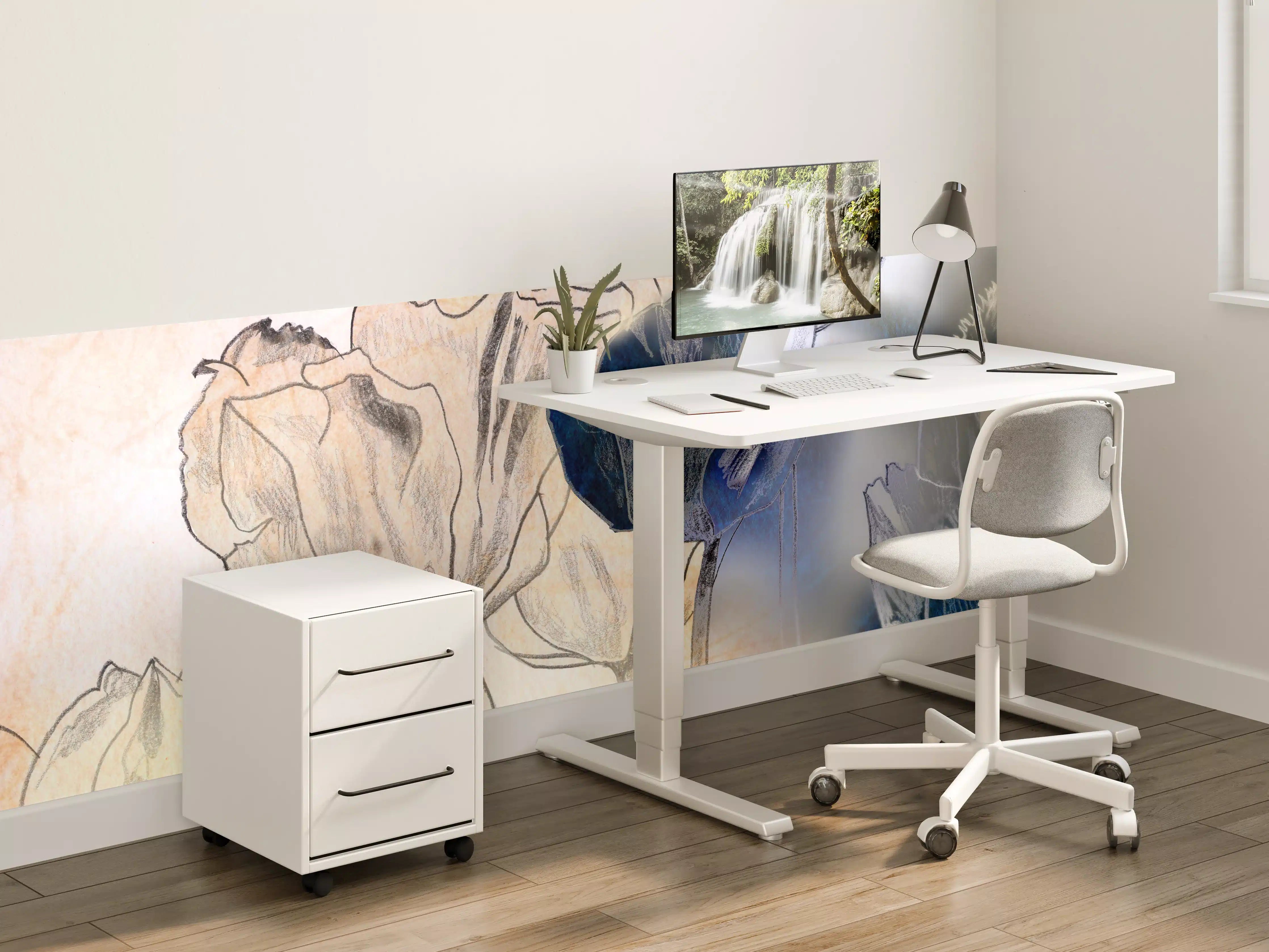 Kinderzimmer Wandgestaltung - Blumen in Blau und Beige