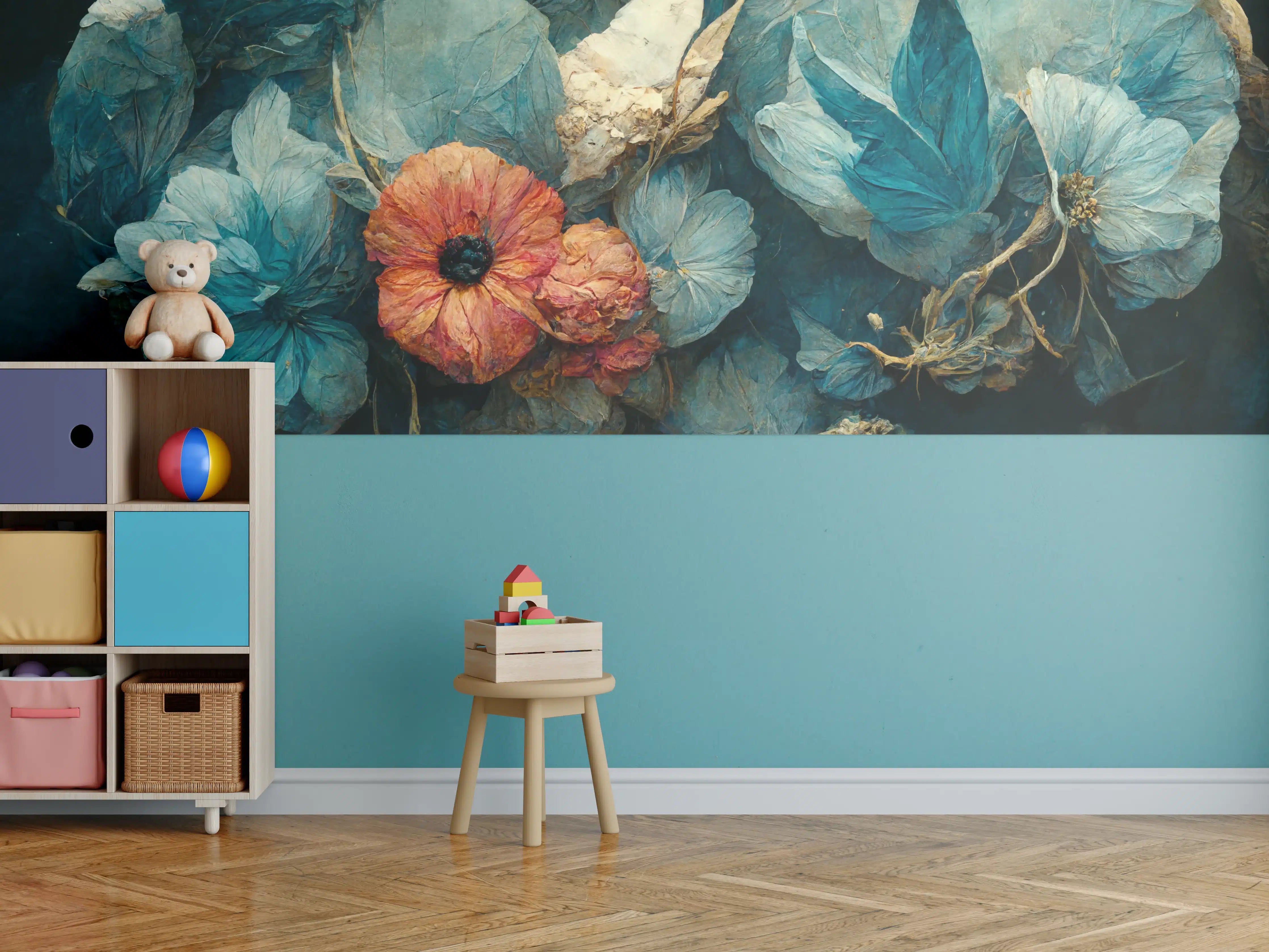 Kinderzimmer Wandgestaltung - Blumen in blauen Tönen und warmem Orange