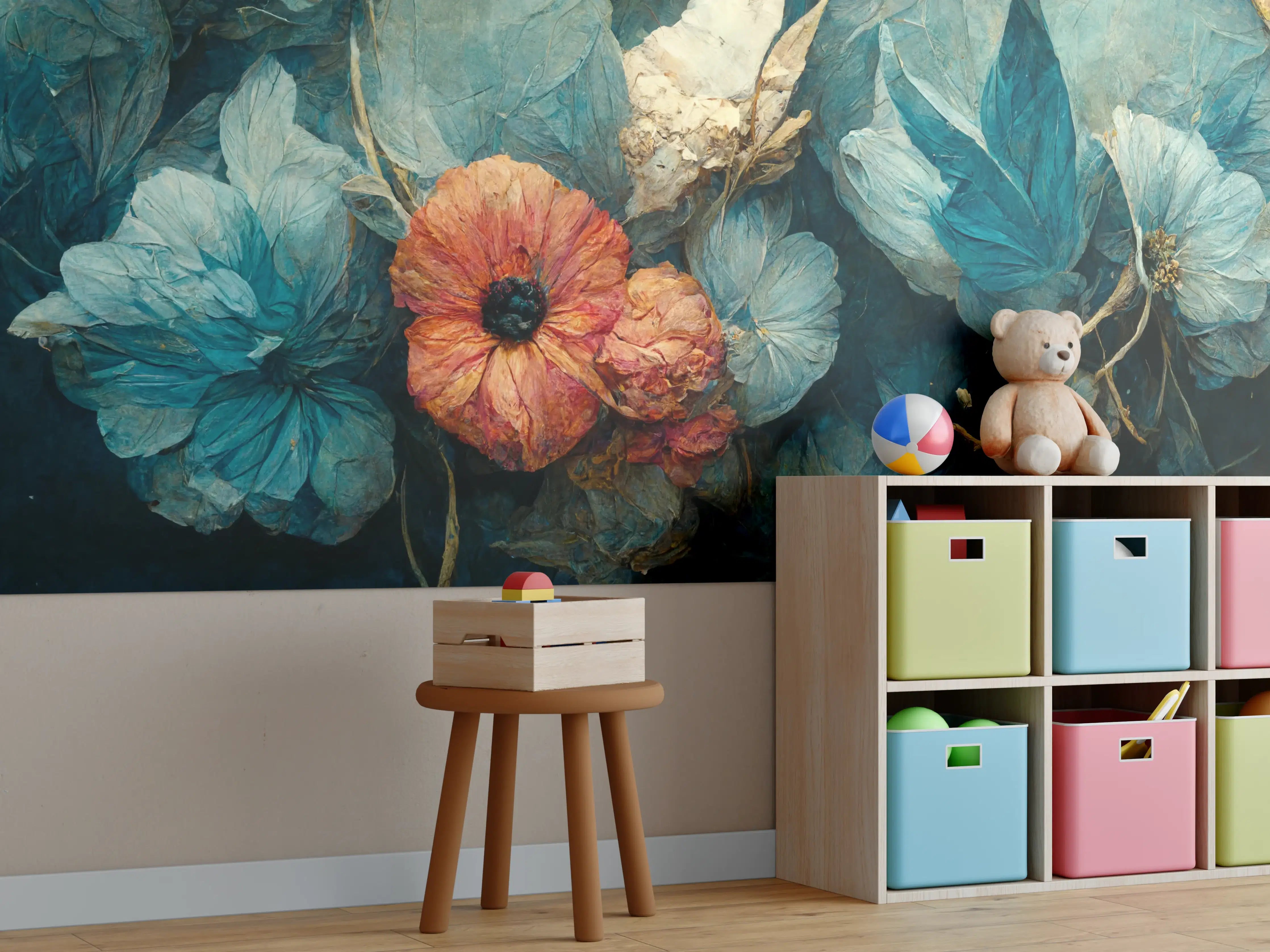 Kinderzimmer Wandgestaltung - Blumen in blauen Tönen und warmem Orange