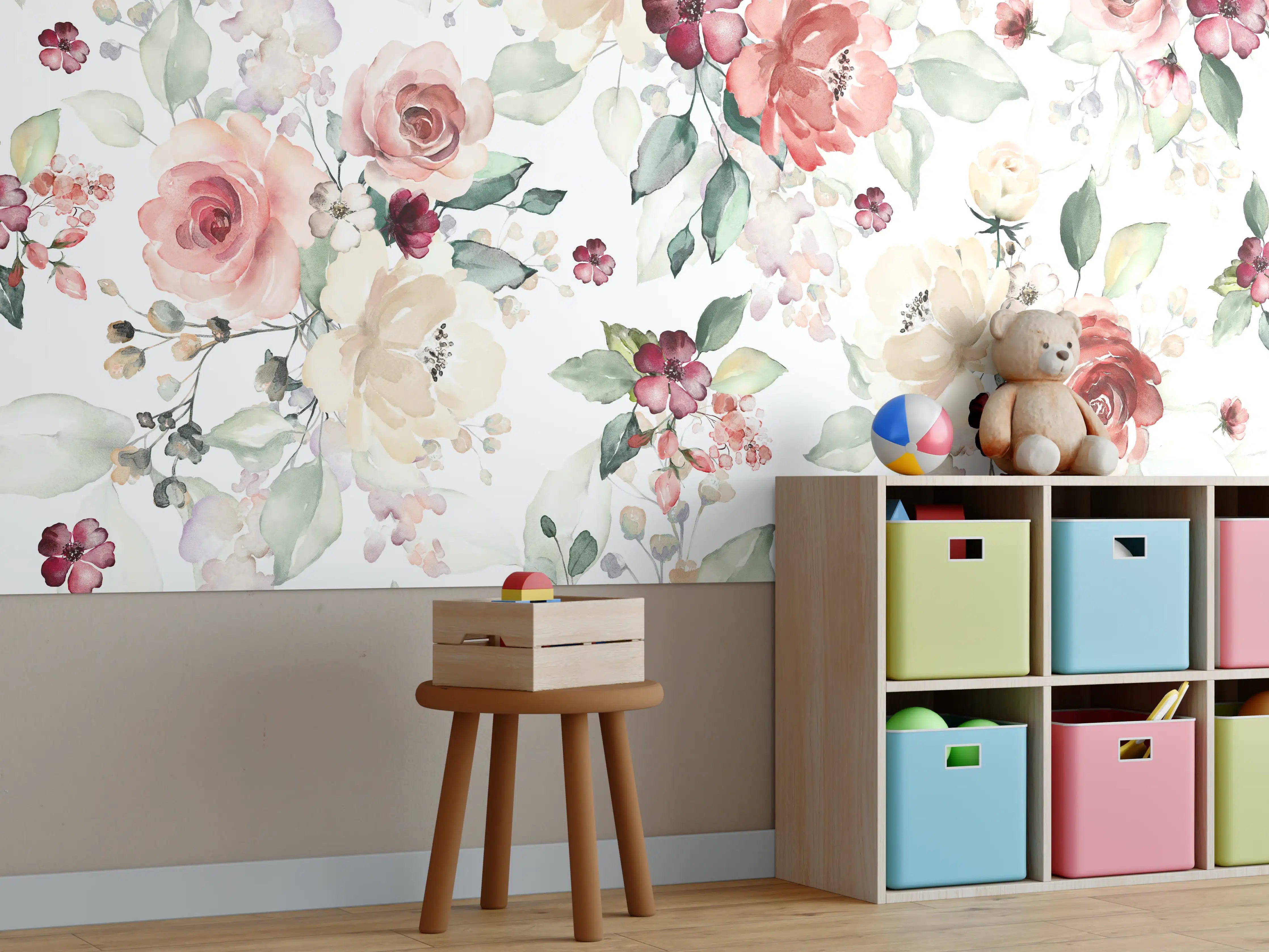 Kinderzimmer Wandgestaltung - Blumen und Blätter im Tapeten-Stil