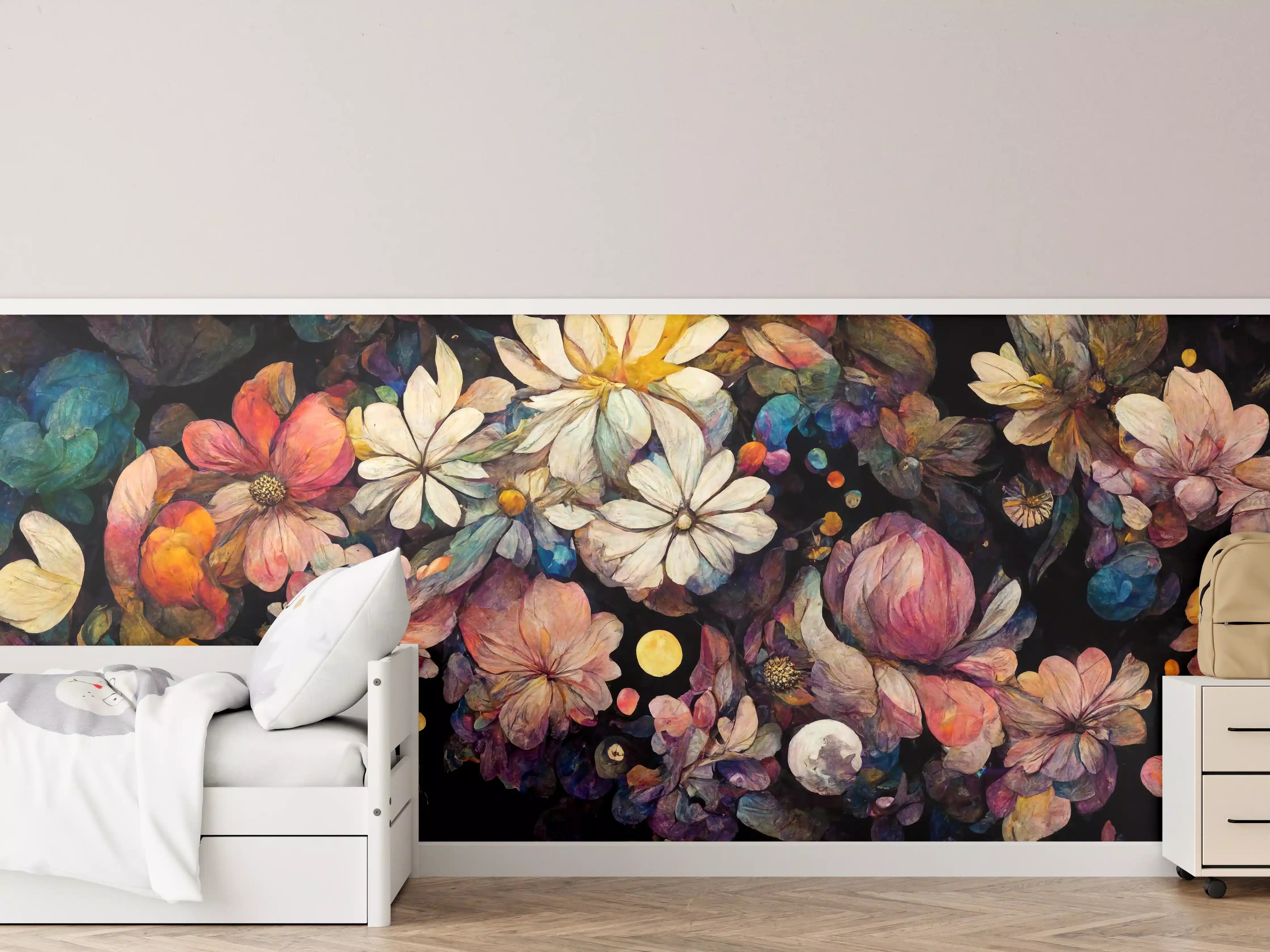 Kinderzimmer Wandgestaltung - Blumen und bunte Farbtupfer im Kosmos
