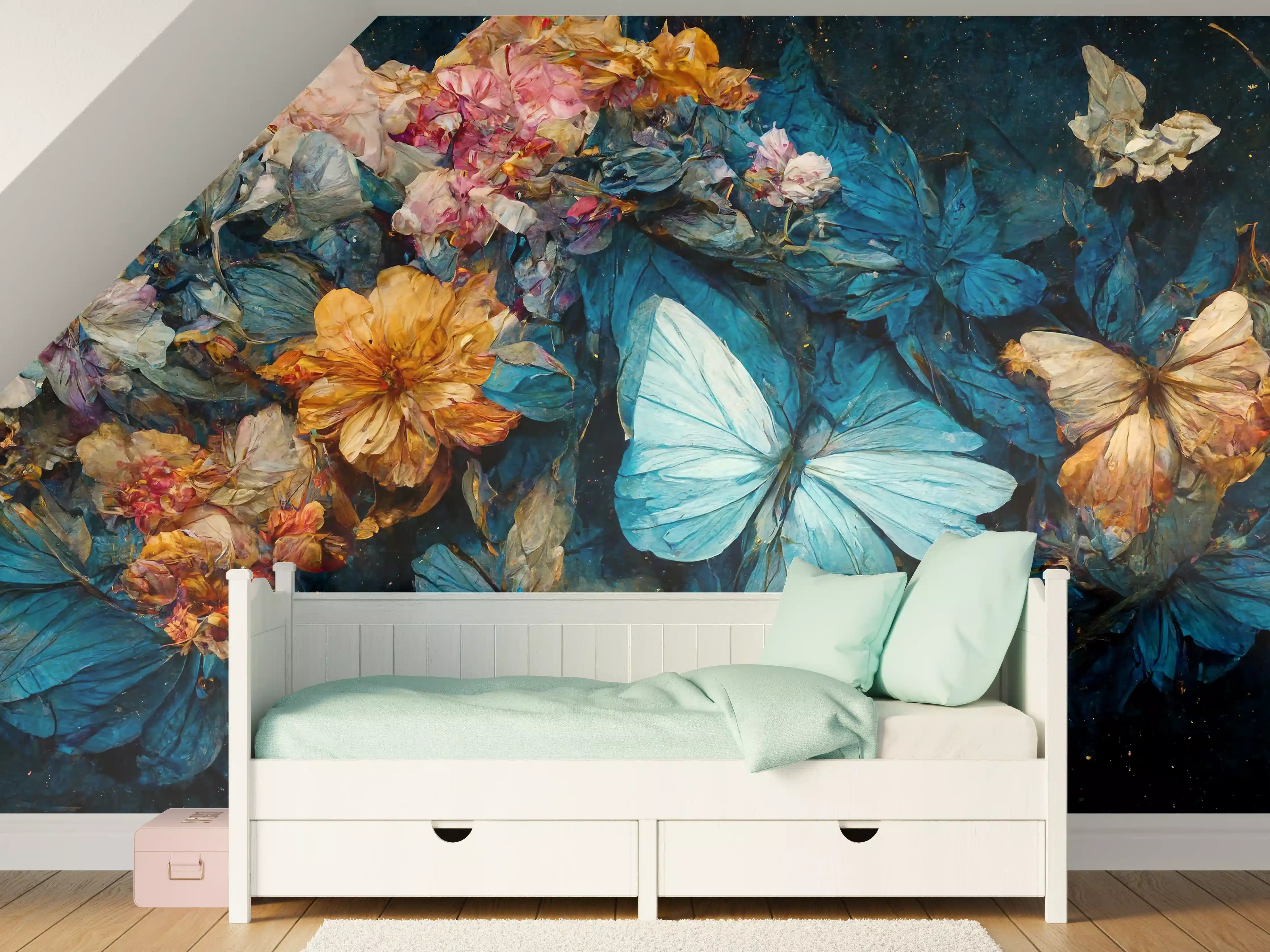 Kinderzimmer Wandgestaltung - Blumengruß mit Schmetterlingen