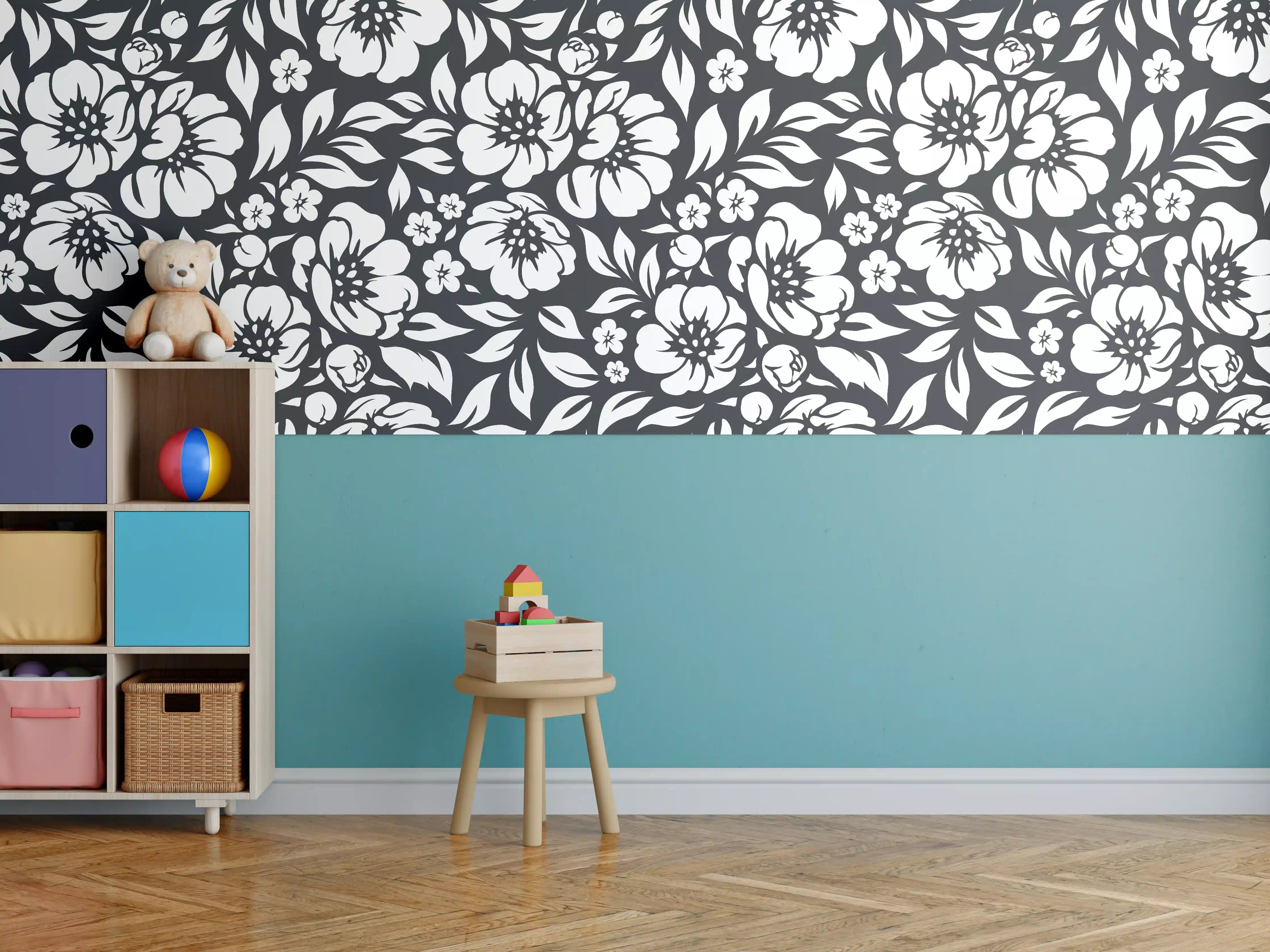 Kinderzimmer Wandgestaltung - Blumenmuster Schwarz-Weiß