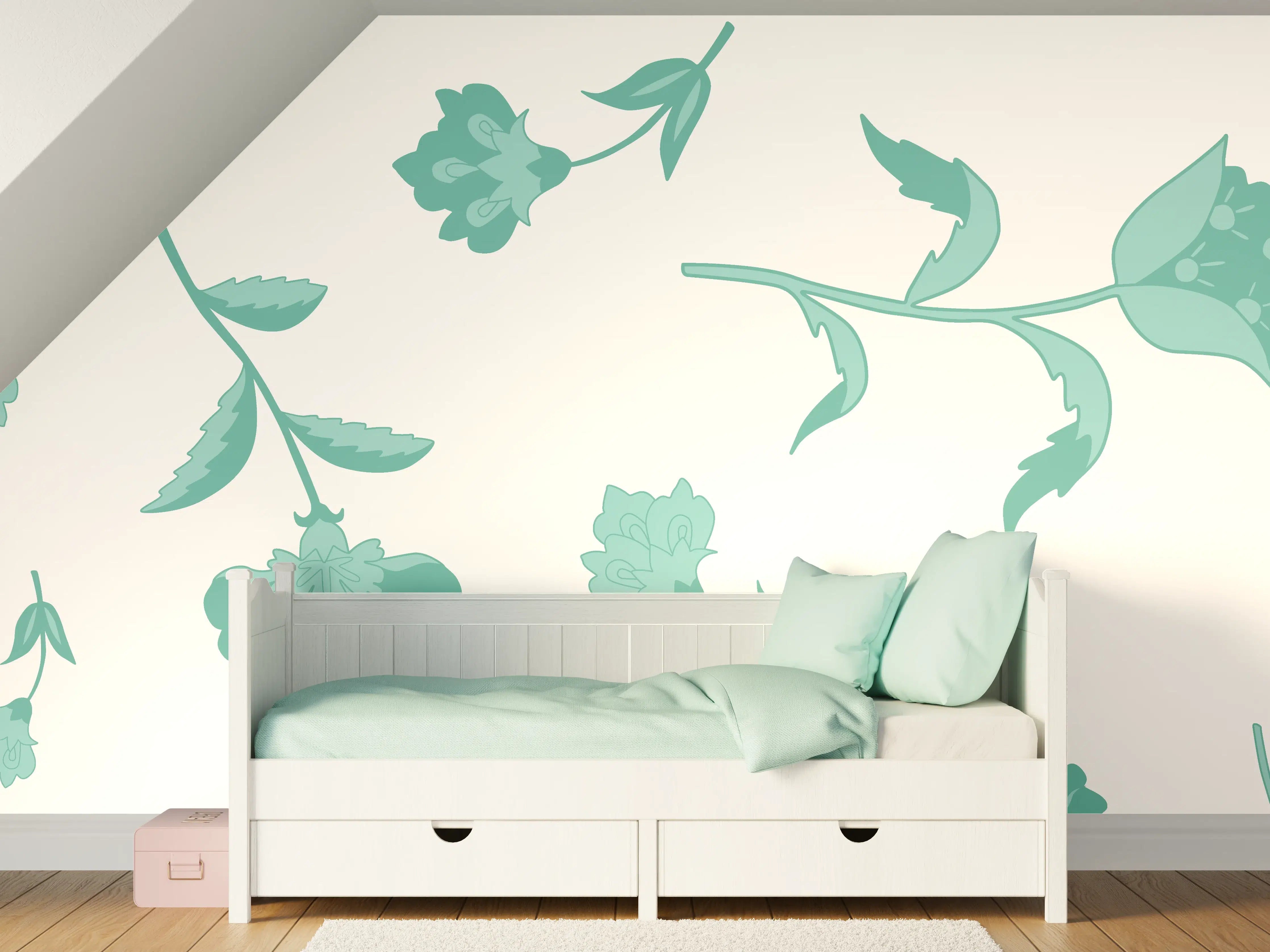 Kinderzimmer Wandgestaltung - Blumenmuster Türkis-Weiß