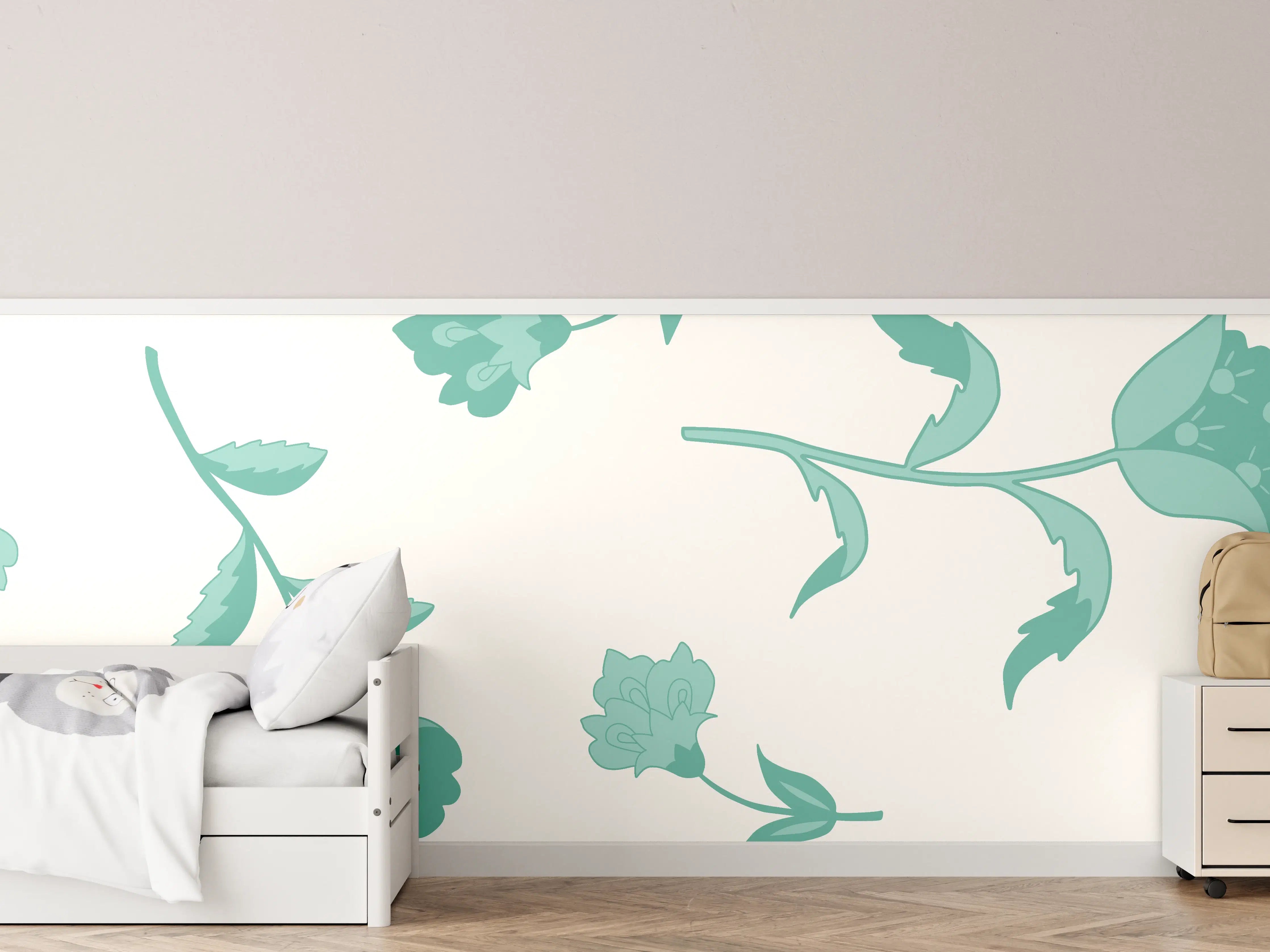 Kinderzimmer Wandgestaltung - Blumenmuster Türkis-Weiß