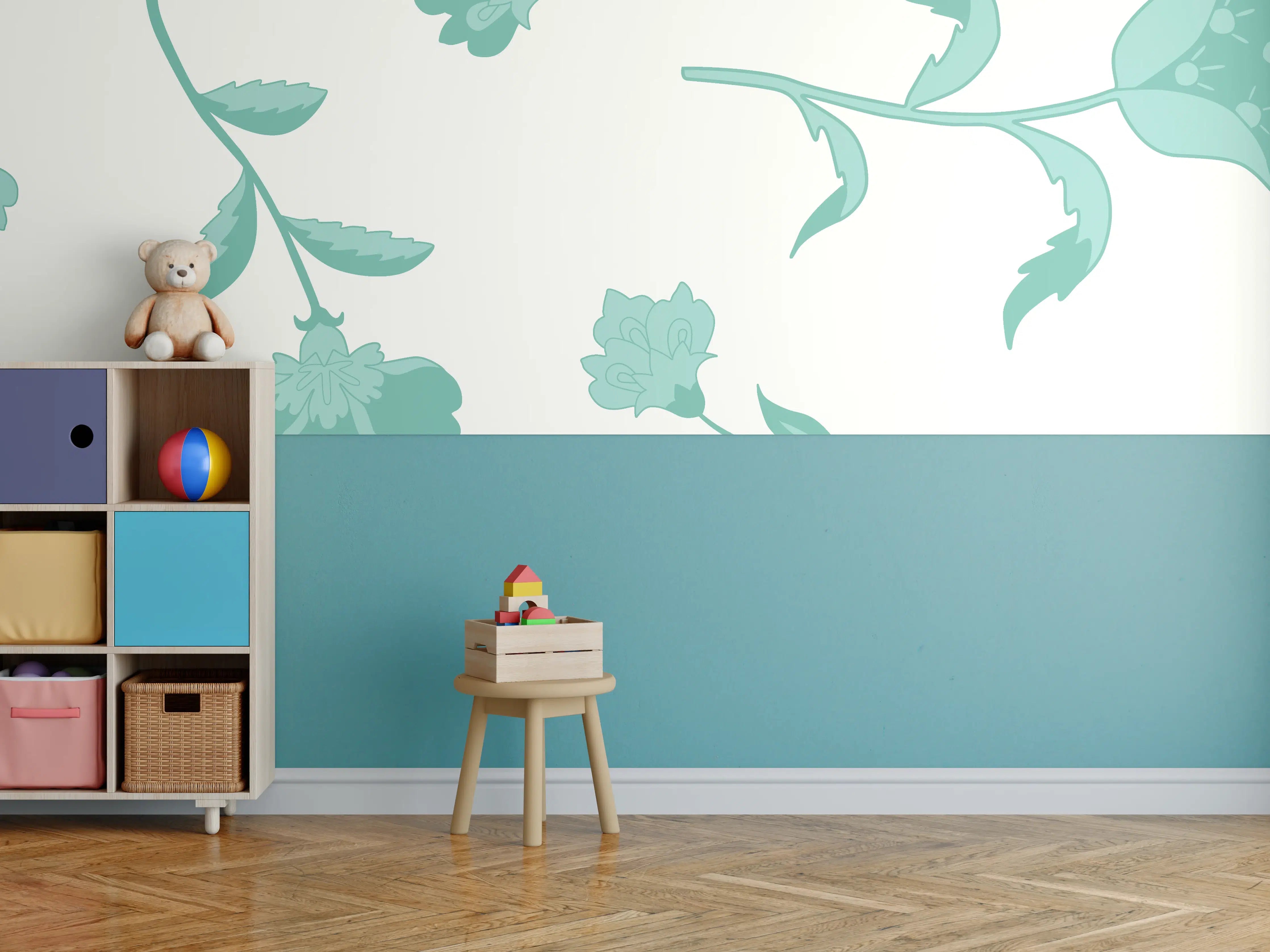 Kinderzimmer Wandgestaltung - Blumenmuster Türkis-Weiß