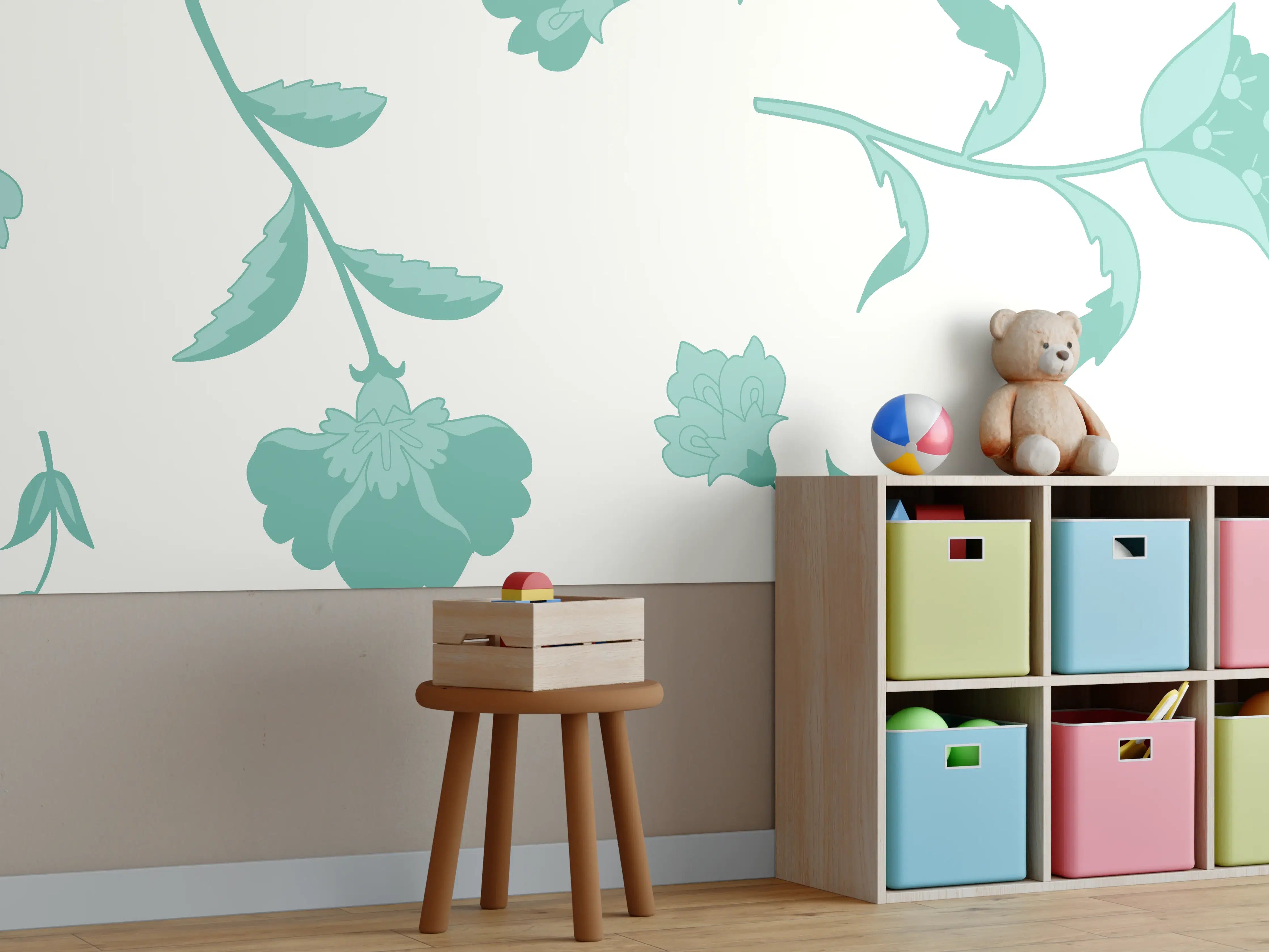 Kinderzimmer Wandgestaltung - Blumenmuster Türkis-Weiß