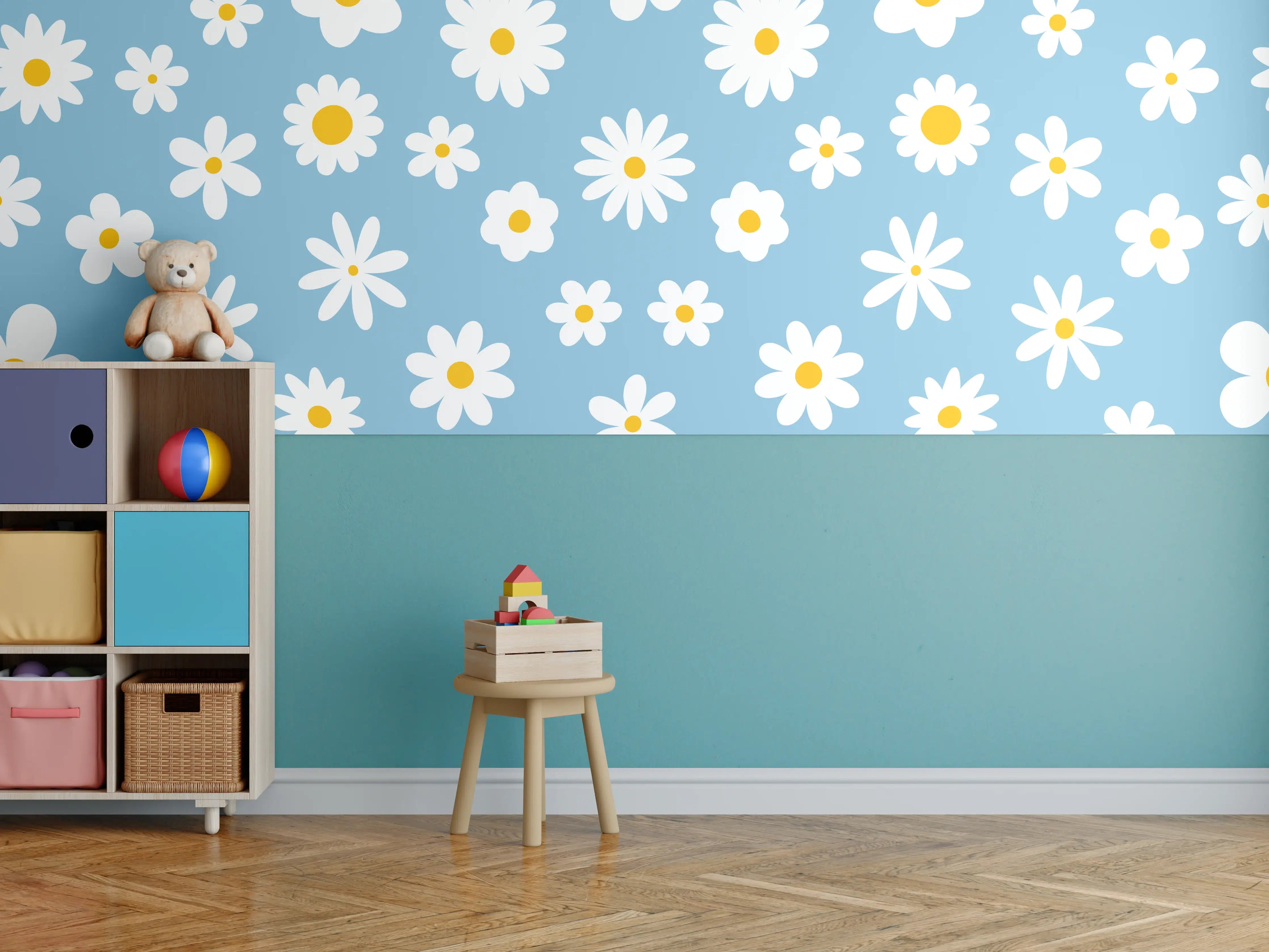 Kinderzimmer Wandgestaltung - Blumenmuster auf hellblauem Hintergrund
