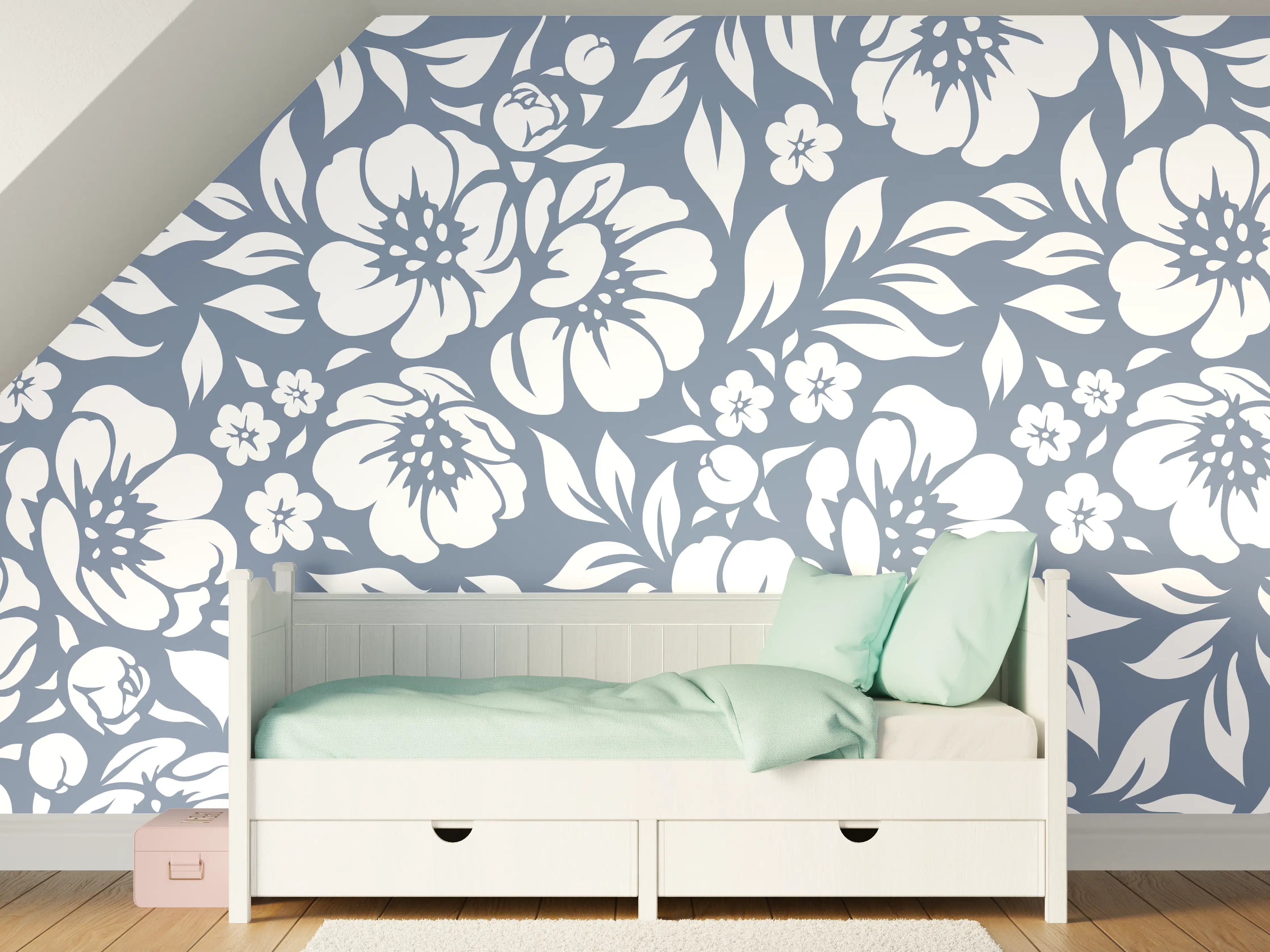 Kinderzimmer Wandgestaltung - Blumenmuster in Aqua