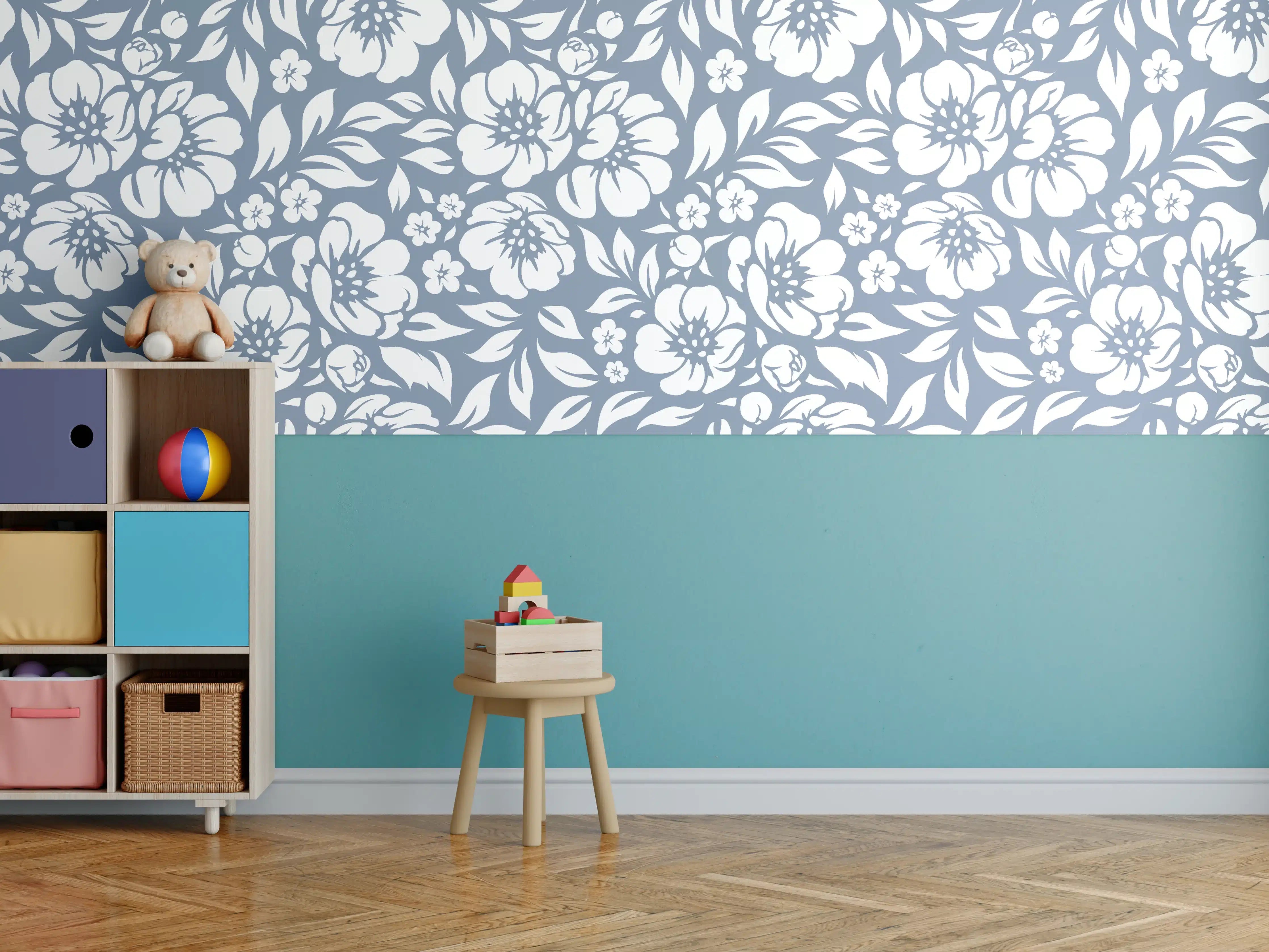 Kinderzimmer Wandgestaltung - Blumenmuster in Aqua