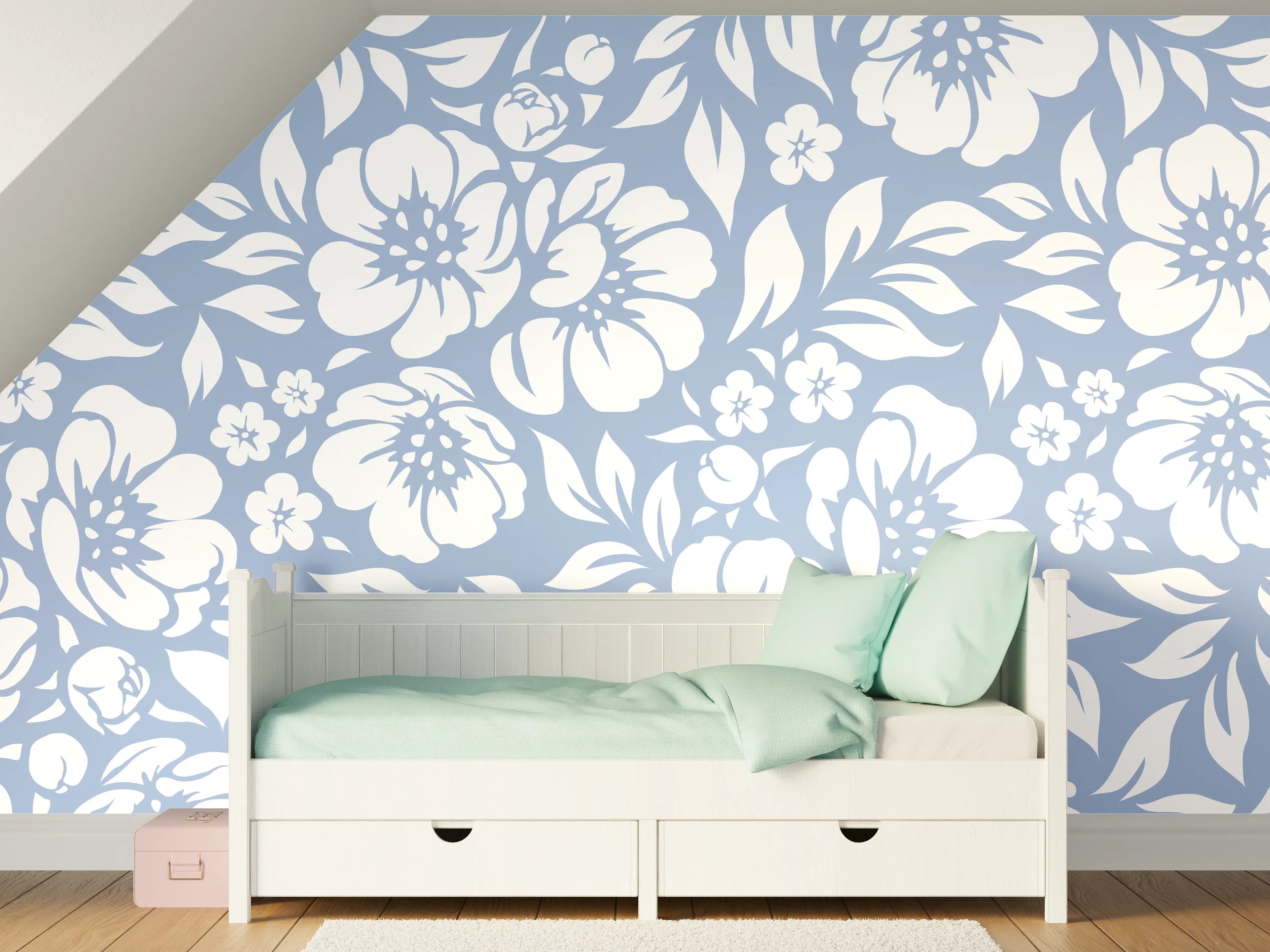 Kinderzimmer Wandgestaltung - Blumenmuster in Blau