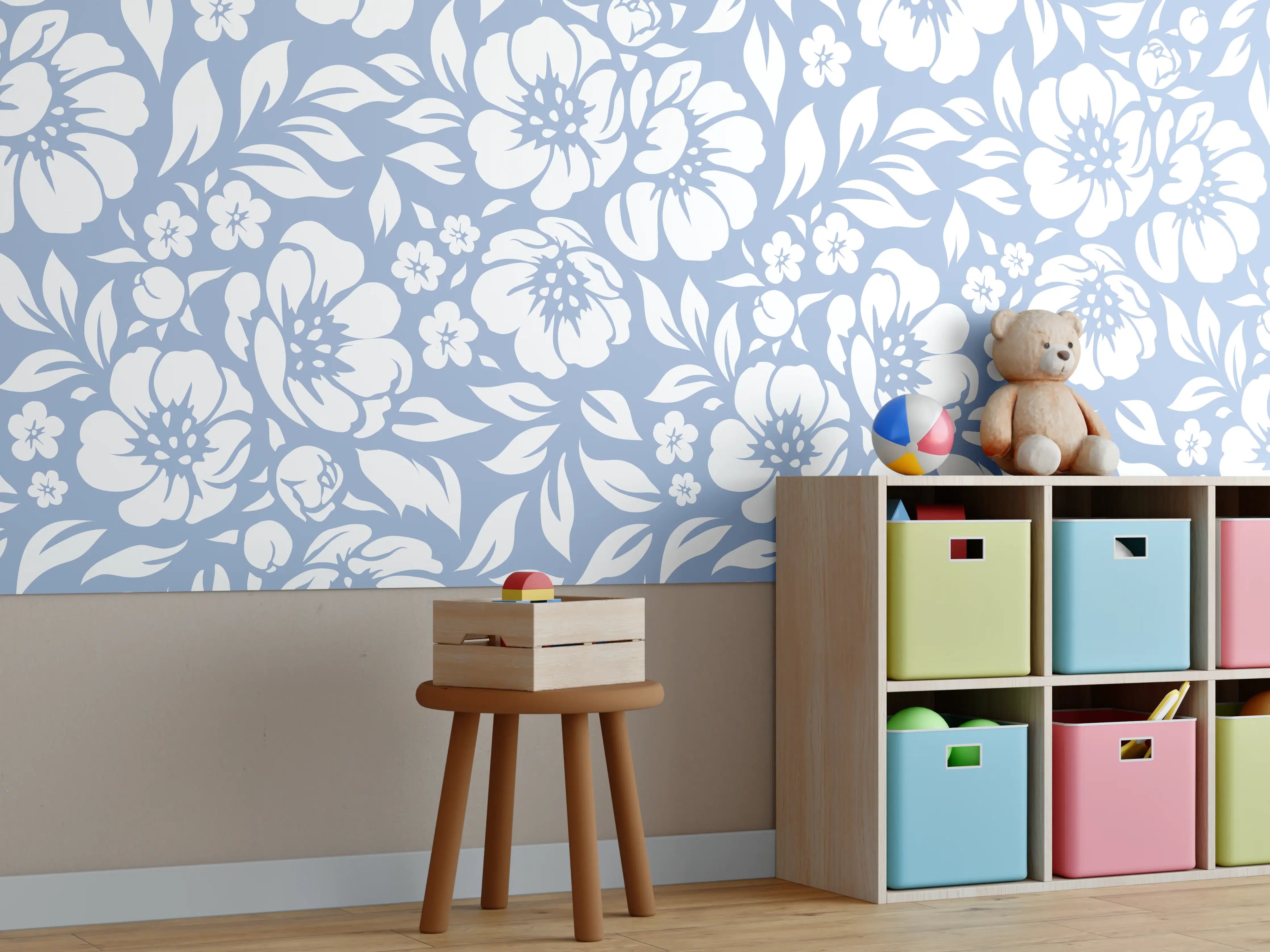 Kinderzimmer Wandgestaltung - Blumenmuster in Blau