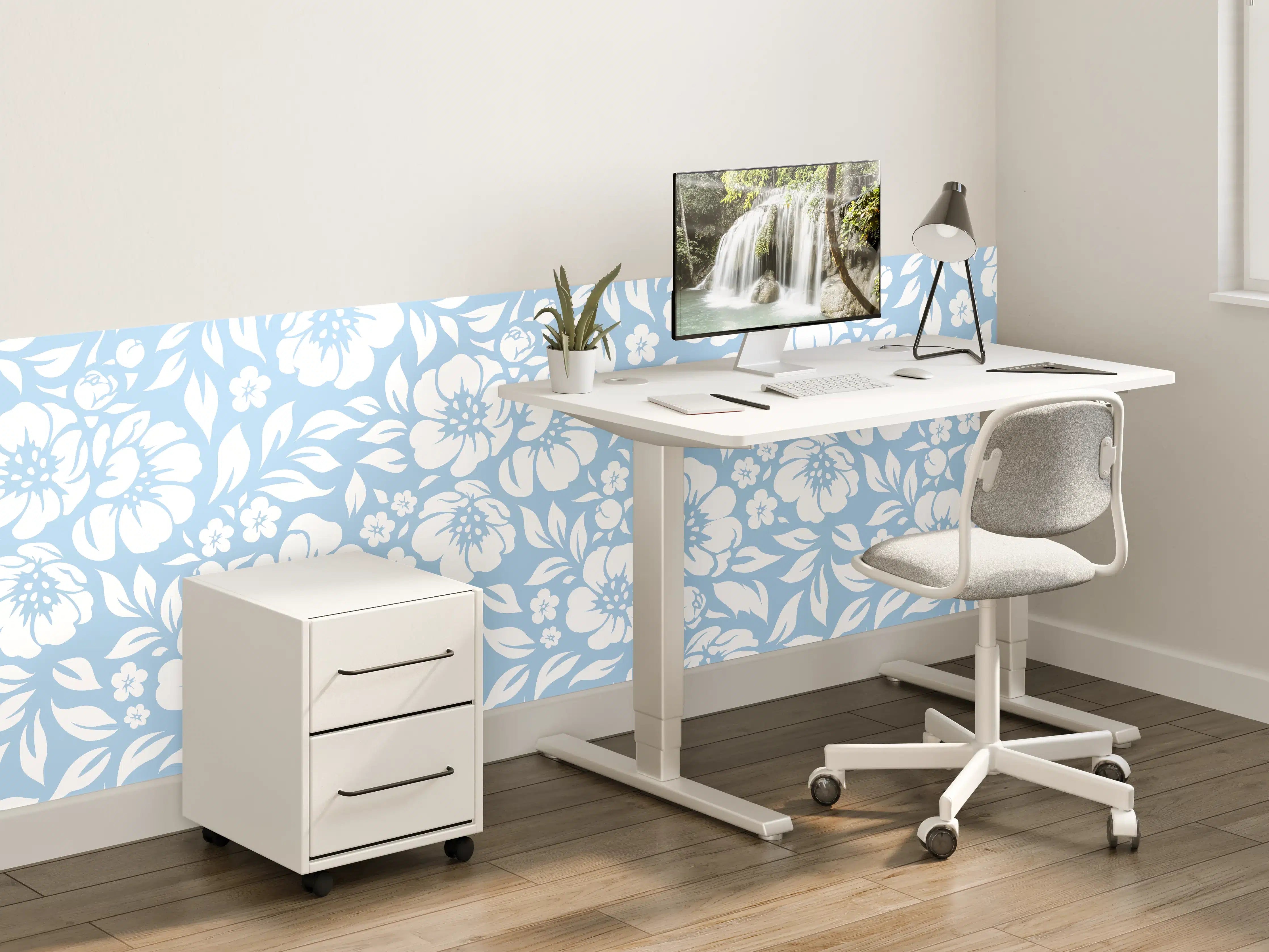 Kinderzimmer Wandgestaltung - Blumenmuster in Blau mit zarten Grautönen